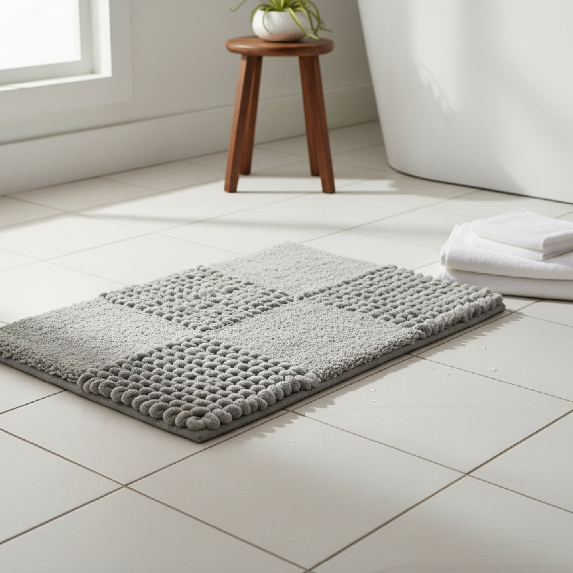 Checkered Grey Poly-Cotton Handwoven Bath Mat
