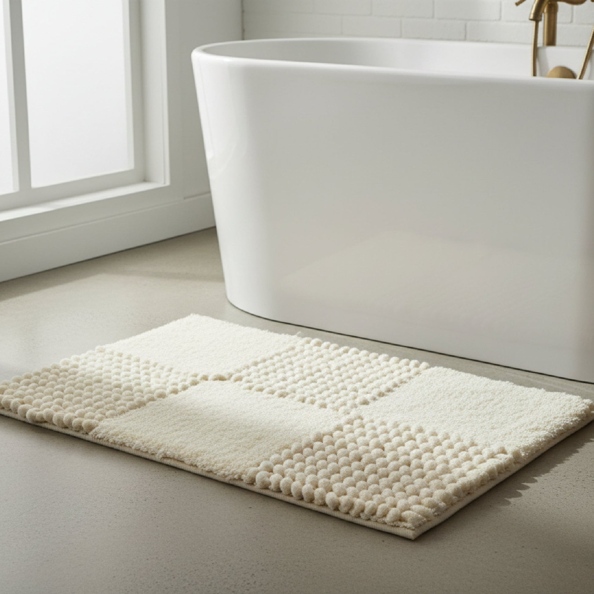 Checkered Ivory Poly-Cotton Handwoven Bath Mat