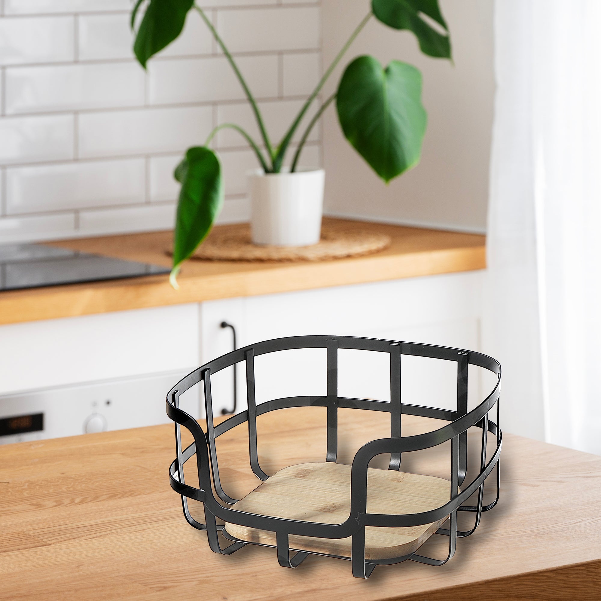Metal Fruit Basket with Bamboo Bottom – Kitchen Storage, Table Centerpiece