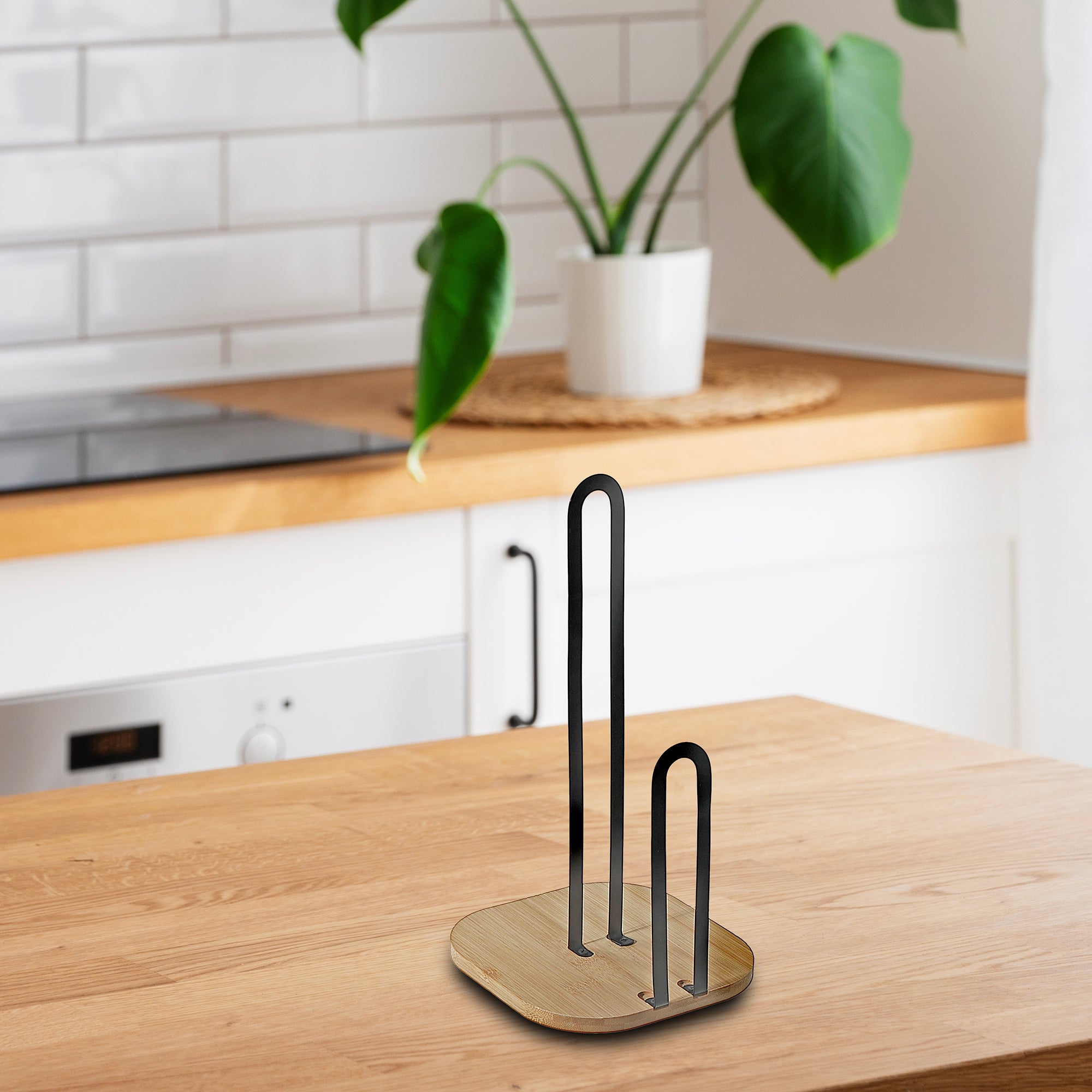 Metal Paper Towel Holder with Bamboo Bottom – Kitchen Counter Organizer