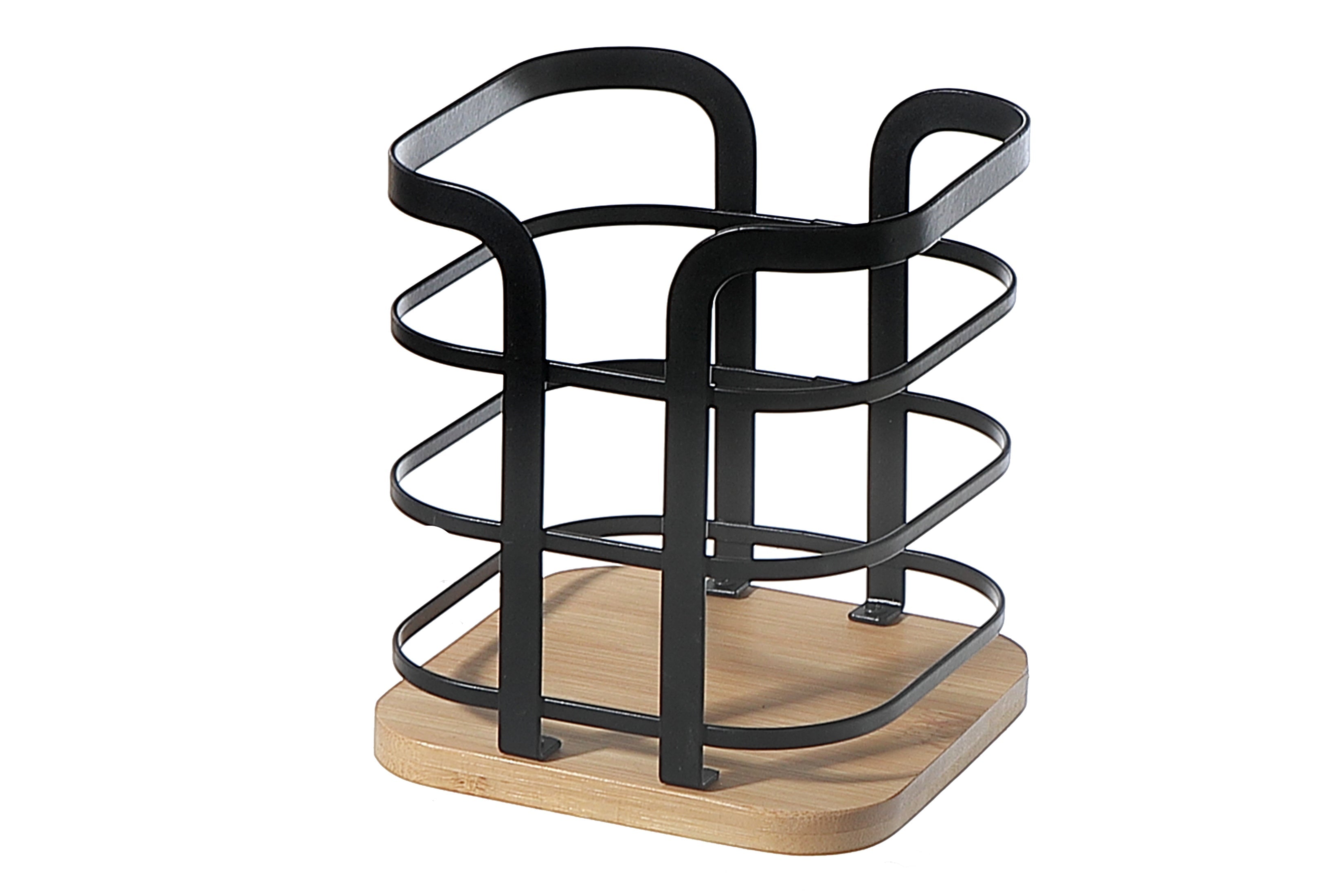 Metal Cutlery Holder with Bamboo Bottom – Kitchen Utensil Organizer, Table Storage