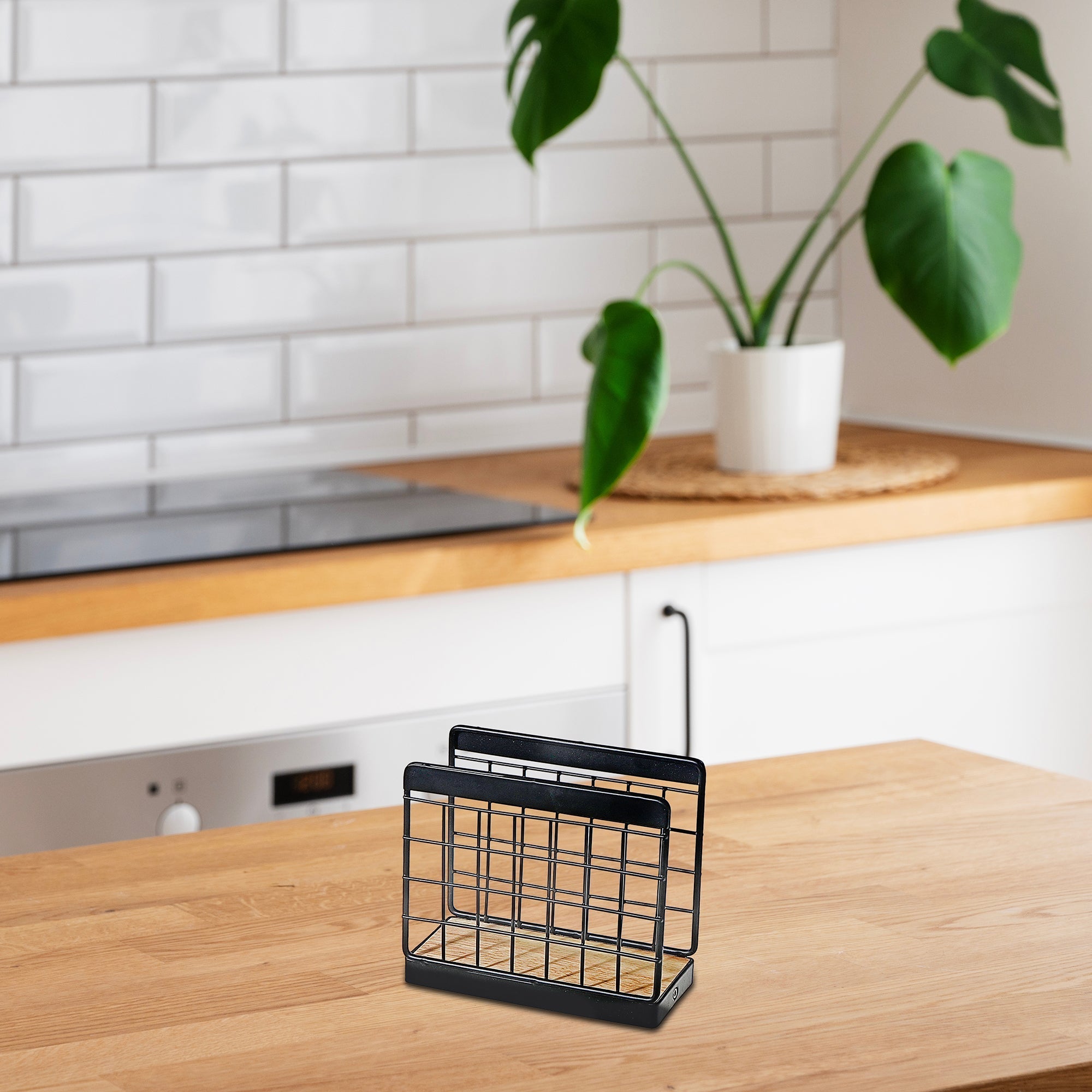 Napkin Standing Holder with Rubber Wood Bottom – Tabletop Organizer, Kitchen Decor