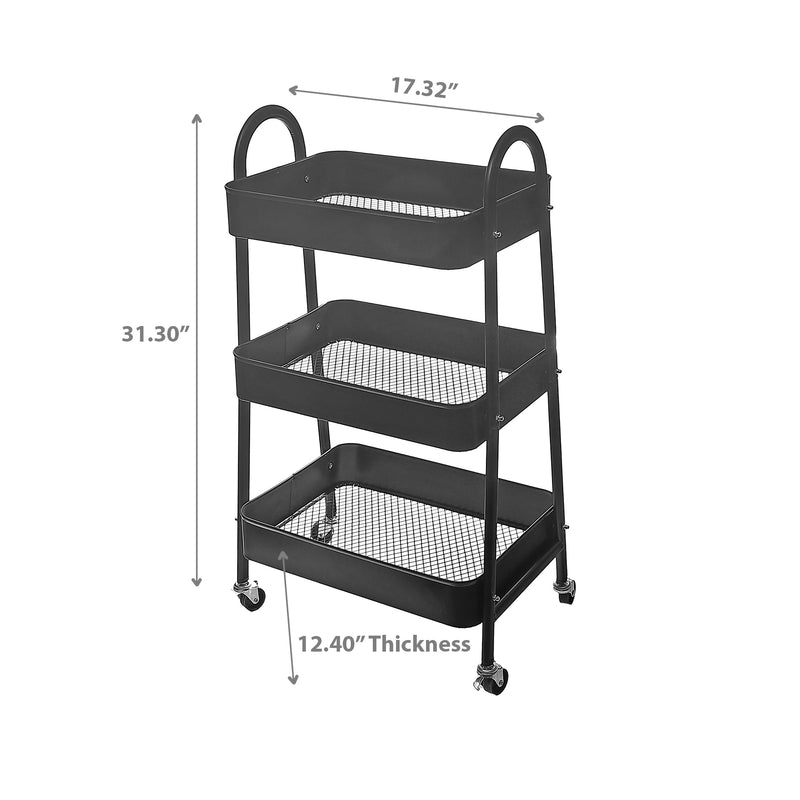 3 Tier Storage Rolling Cart With Metal Basket