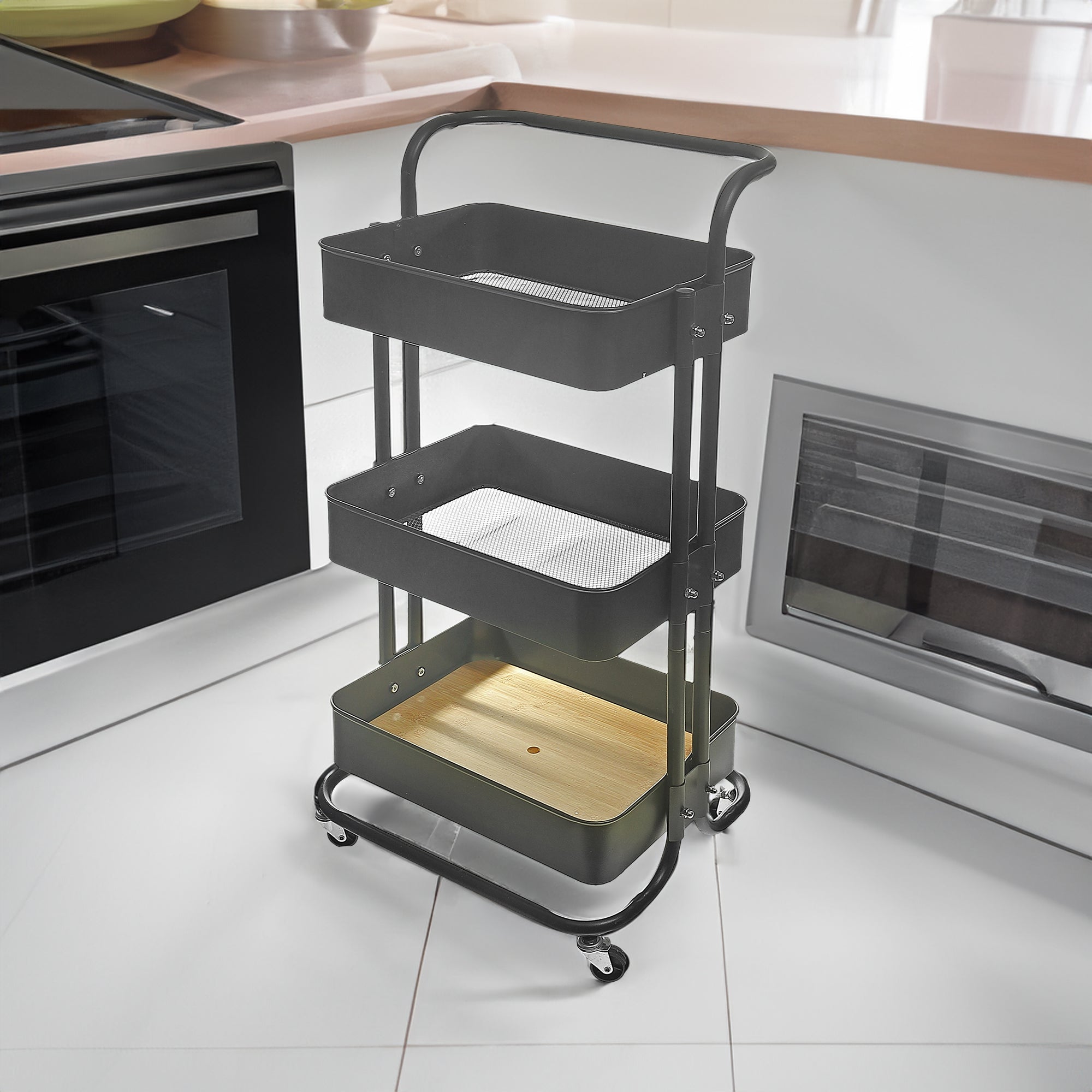 3-Tier Black Storage Rolling Cart with Handle – Kitchen & Home Organization, Utility Cart