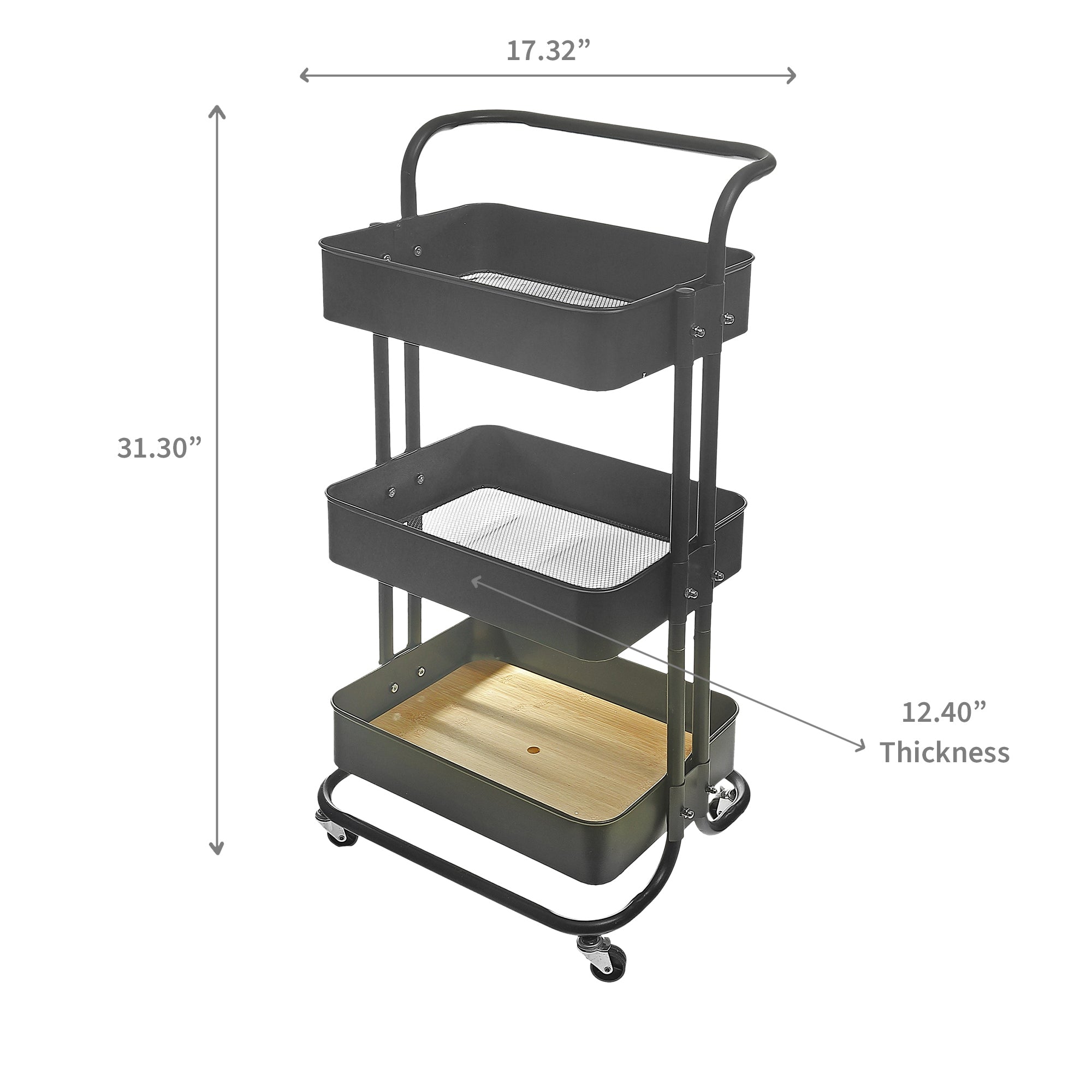 3-Tier Black Storage Rolling Cart with Handle – Kitchen & Home Organization, Utility Cart