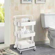 3 Tier Storage Rolling Cart with Handle White, Kitchen Organizer Cart, Bathroom Utility Shelf, Mobile Storage Unit
