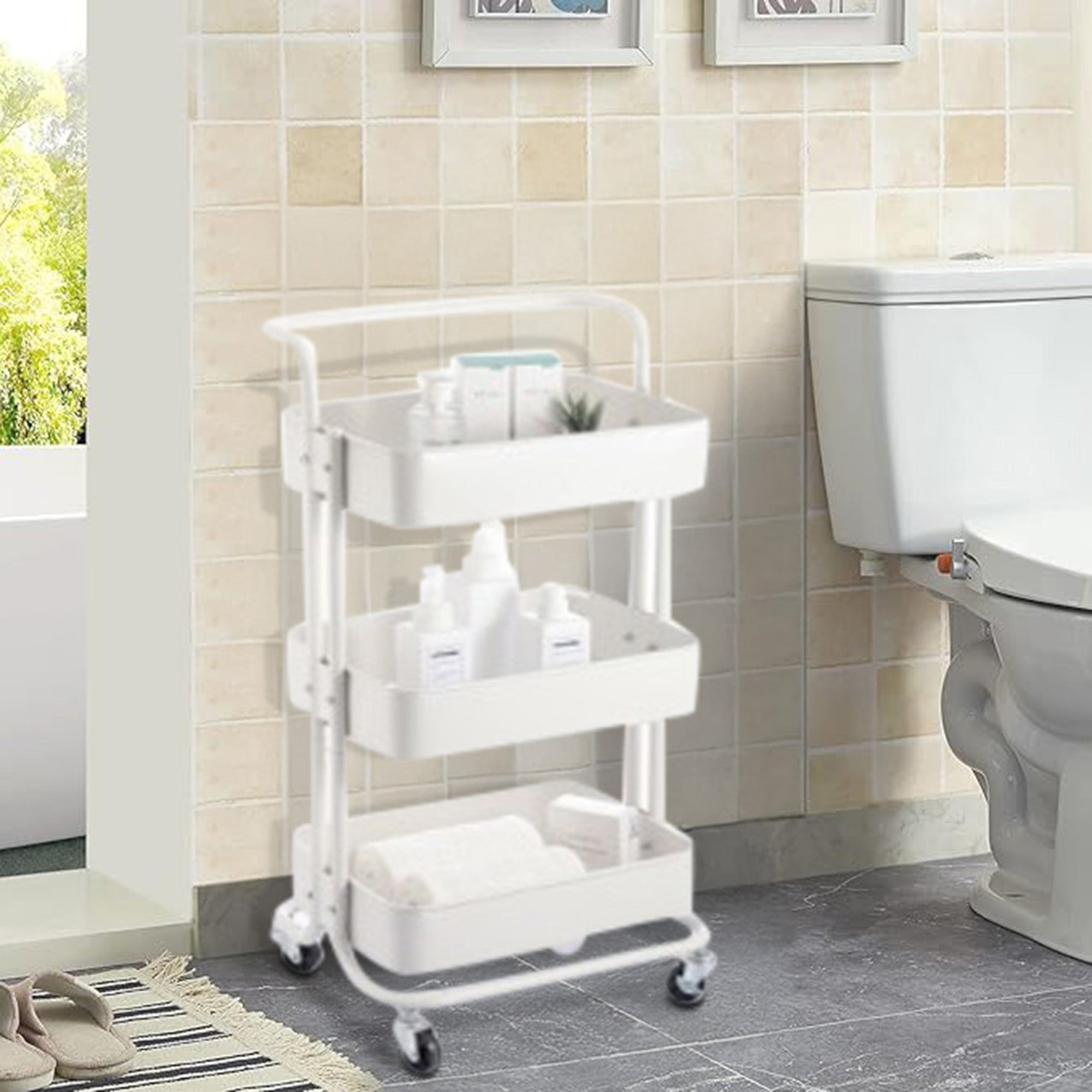 3 Tier Storage Rolling Cart with Handle White, Kitchen Organizer Cart, Bathroom Utility Shelf, Mobile Storage Unit