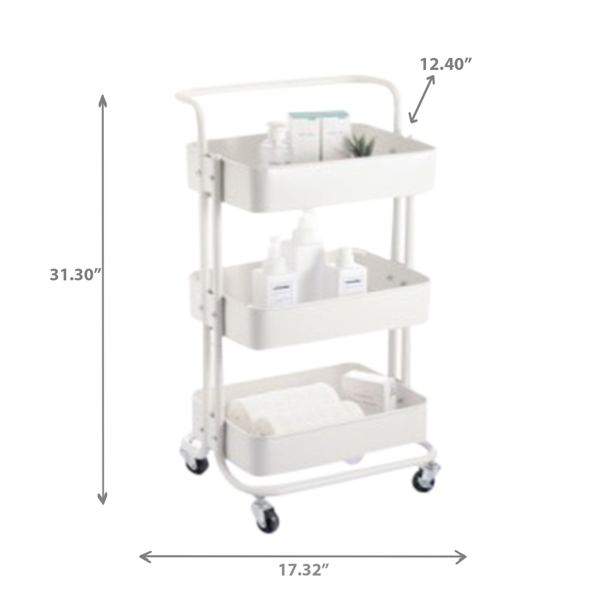 3 Tier Storage Rolling Cart with Handle White, Kitchen Organizer Cart, Bathroom Utility Shelf, Mobile Storage Unit