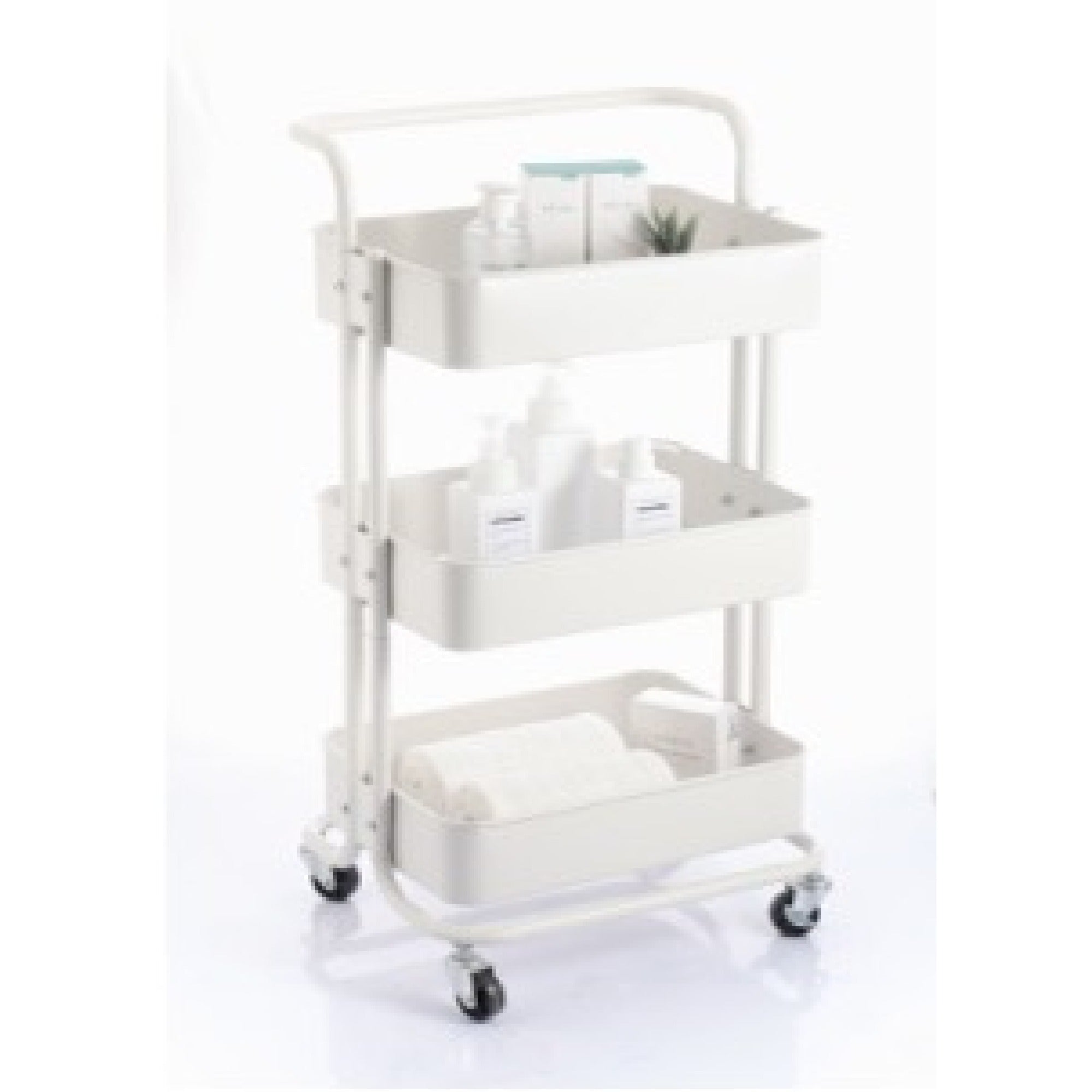 3 Tier Storage Rolling Cart with Handle White, Kitchen Organizer Cart, Bathroom Utility Shelf, Mobile Storage Unit