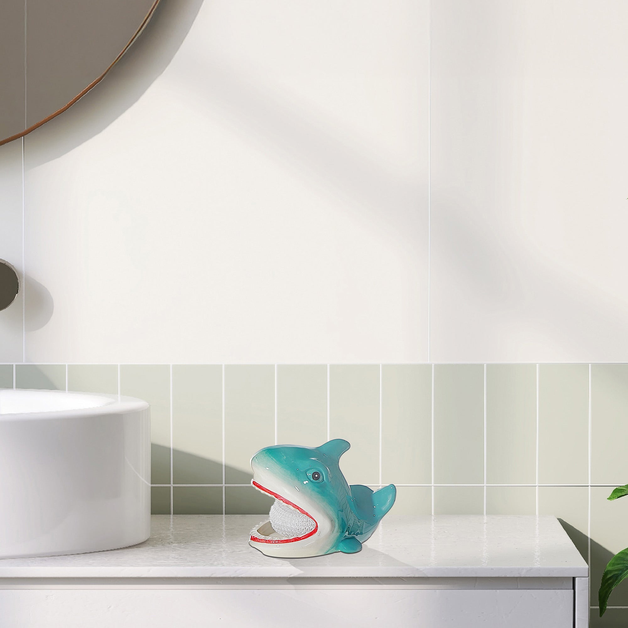Sponge Holder with White Sponge Shark Design, Kitchen Sink Organizer, Cute Countertop Accessory