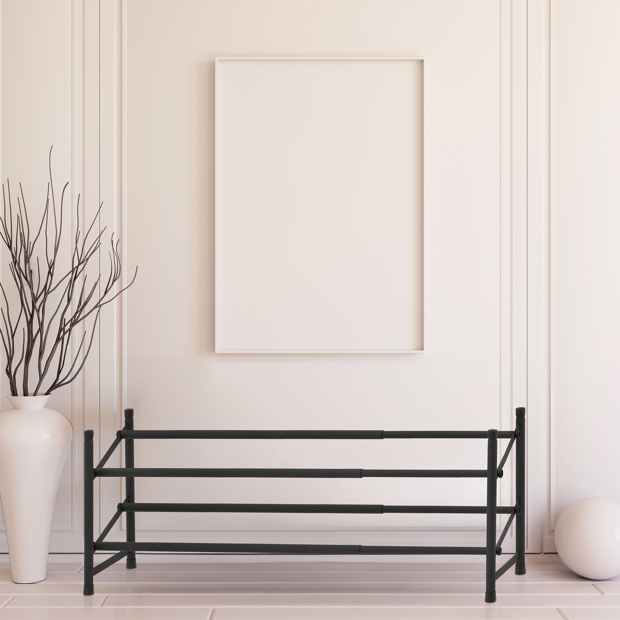 2-Tier Extendable Black Shoe Rack – Compact Home Organizer, Entryway Storage
