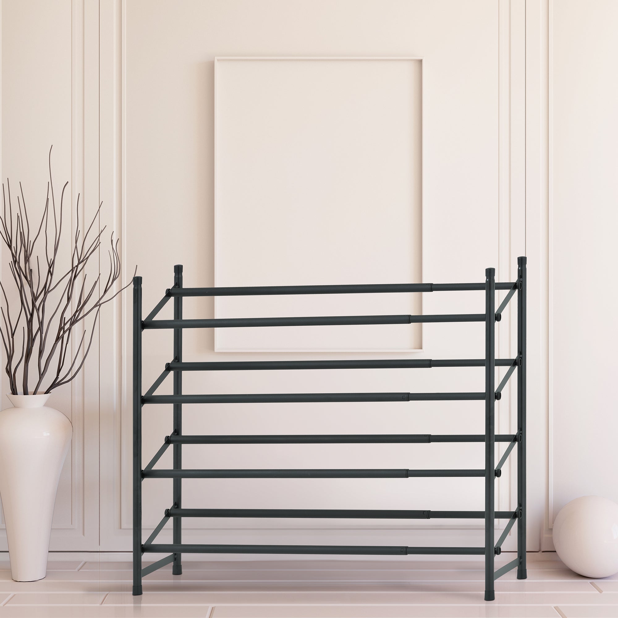 4-Tier Extendable Black Shoe Rack – Home Organization, Entryway Storage