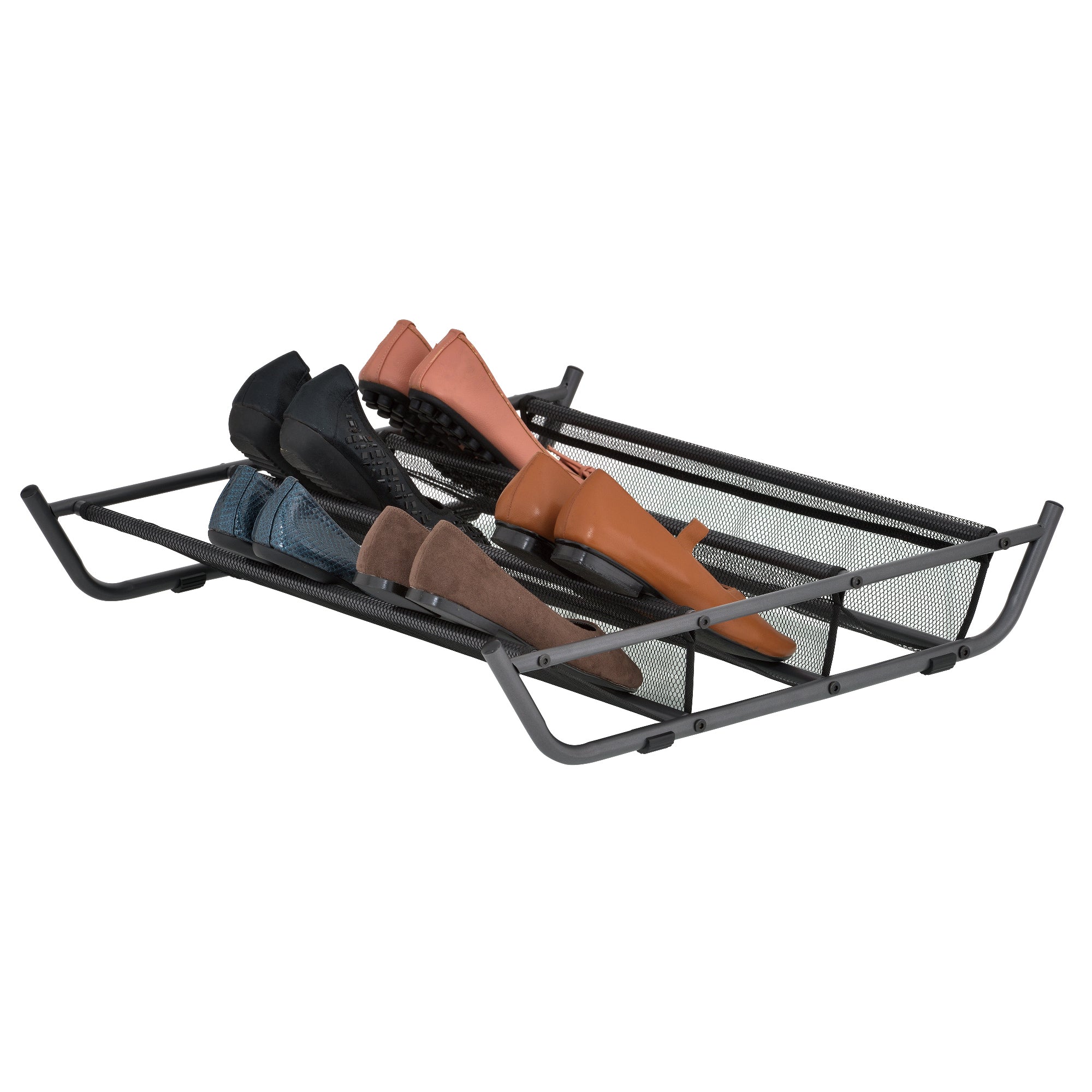 Under Bed Black Shoe Storage Rack with Mesh Fabric – Space-Saving Organizer