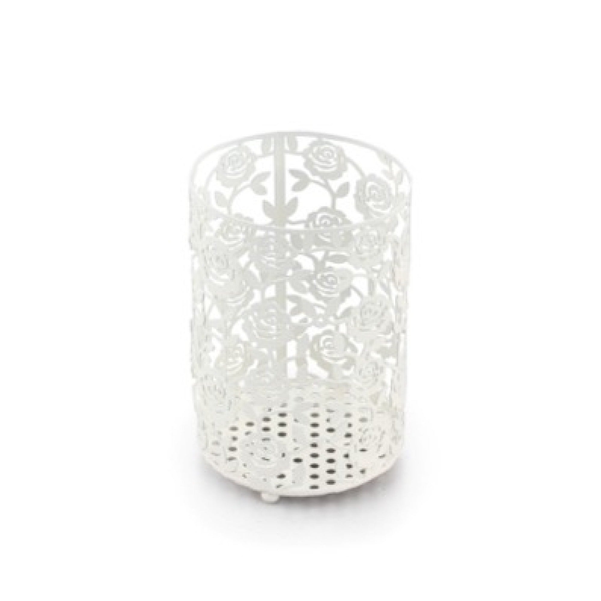 White Rose Round Cutlery Holder Decorative Kitchen Utensil and Flatware Organizer