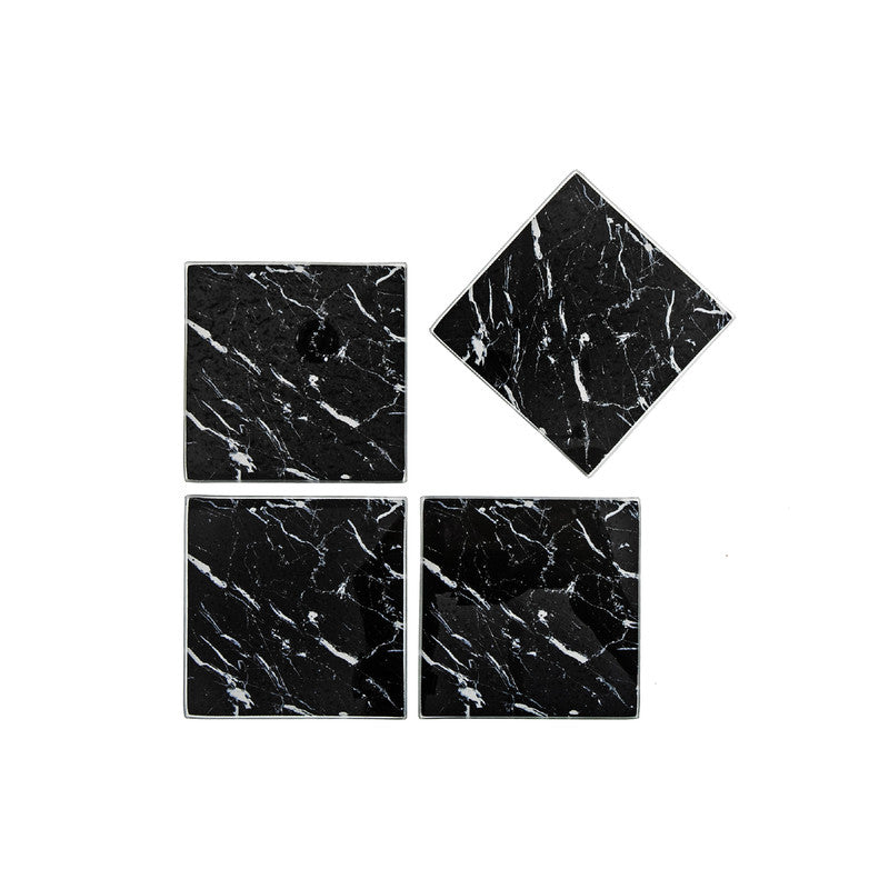 4 Piece Square Glass Coasters Black Marble Drink Coasters Home Dining Set