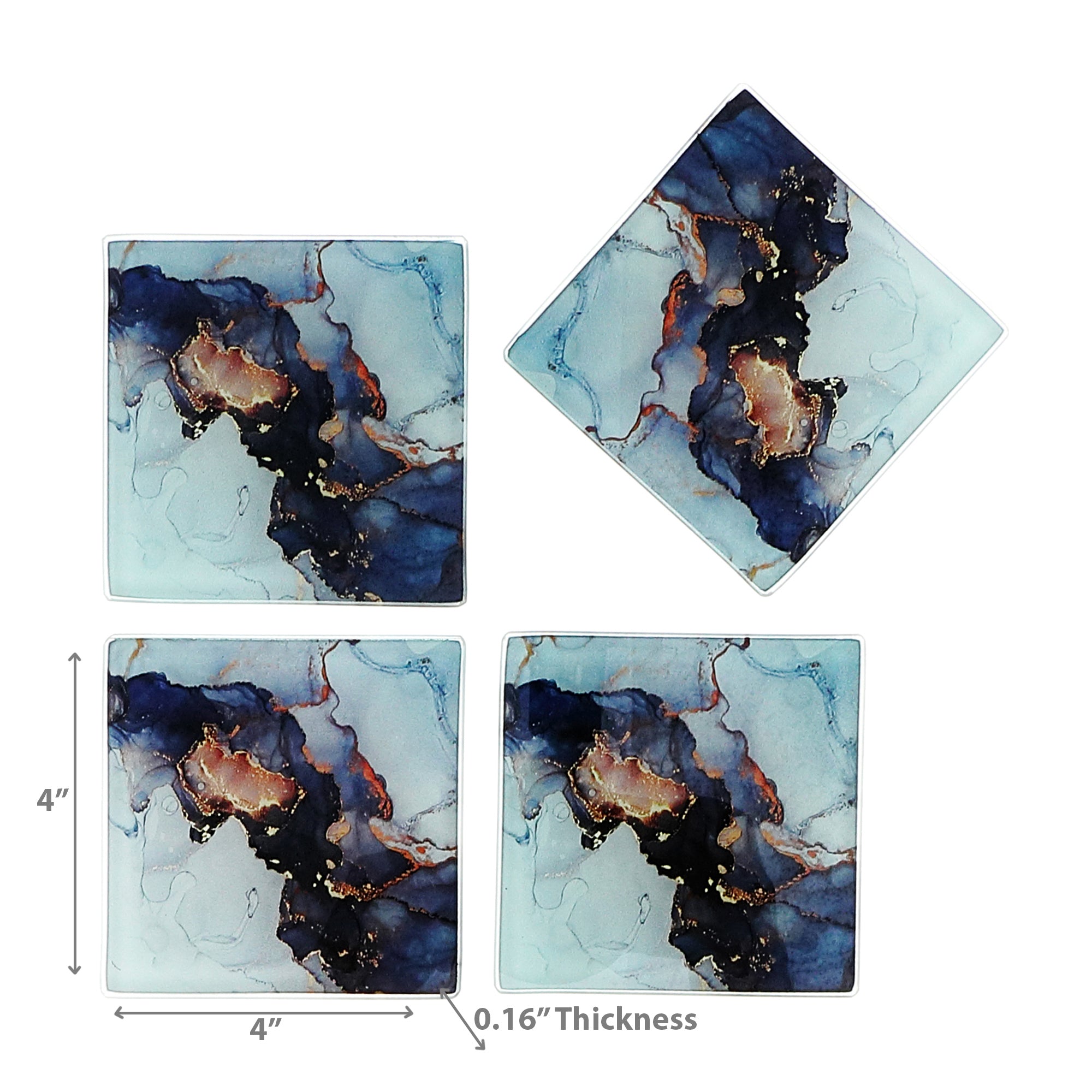 4 Piece Square Glass Coasters Marbling Black and Gold Decorative Drink Coasters