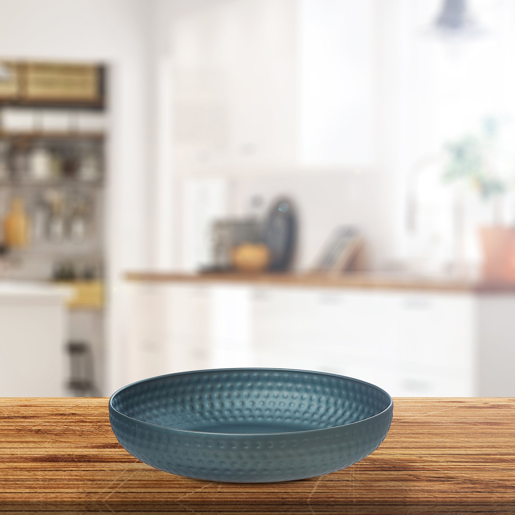 Blue Hammered Metal Belly Bowl – Decorative Serving Dish, Centerpiece Bowl