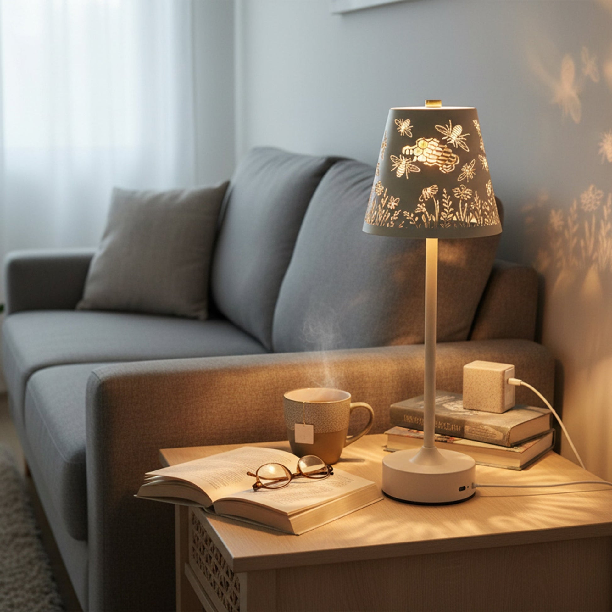 LED USB Metal Cutout Empire Lamp “Bees in Garden” Cream