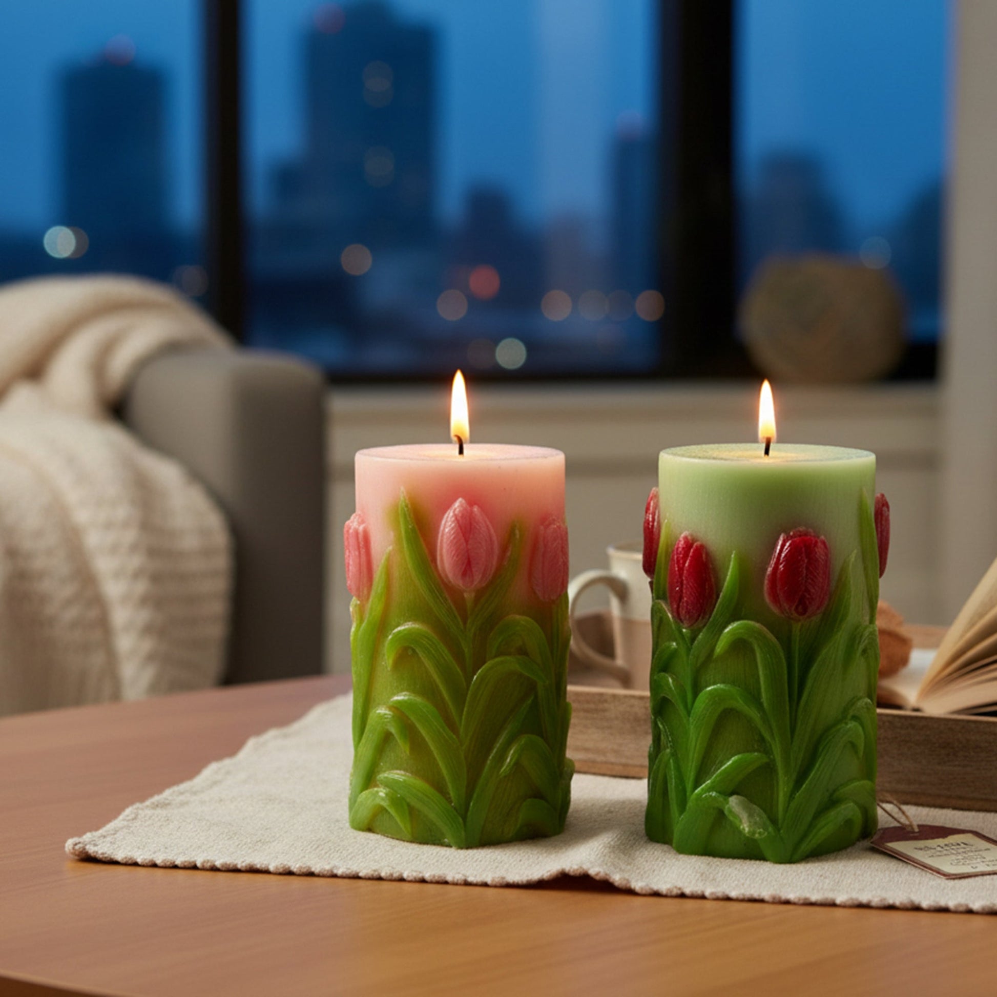 Assorted Large Unscented Engraved Tulips Pillar Candles - Set of 2