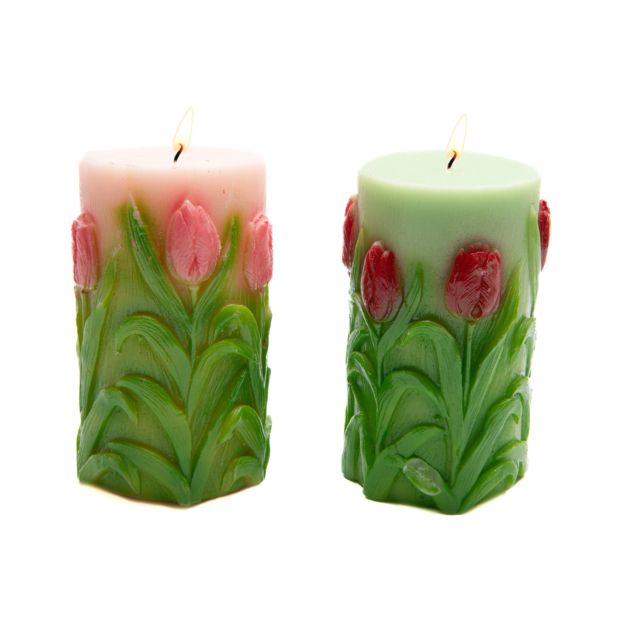 Assorted Large Unscented Engraved Tulips Pillar Candles - Set of 2