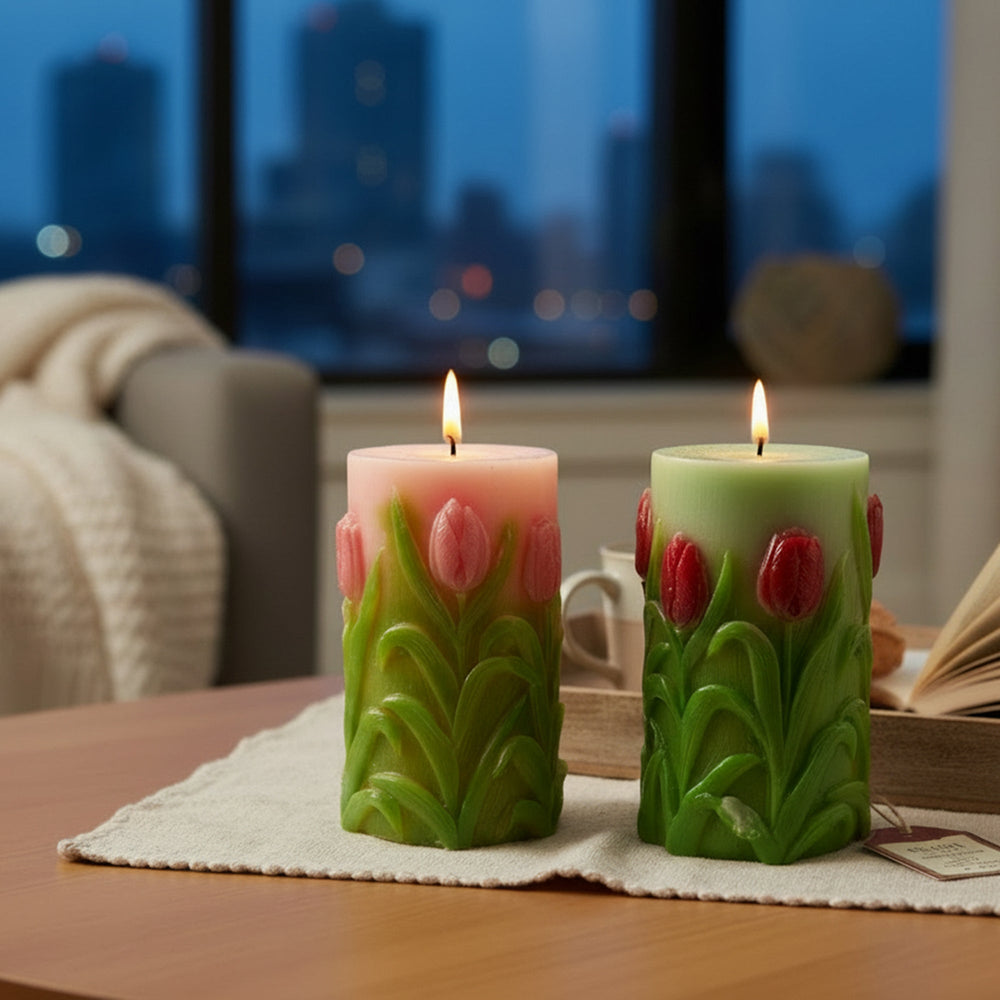 Assorted Medium Unscented Engraved Tulips Pillar Candles - Set of 2