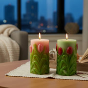 Assorted Medium Unscented Engraved Tulips Pillar Candles - Set of 2
