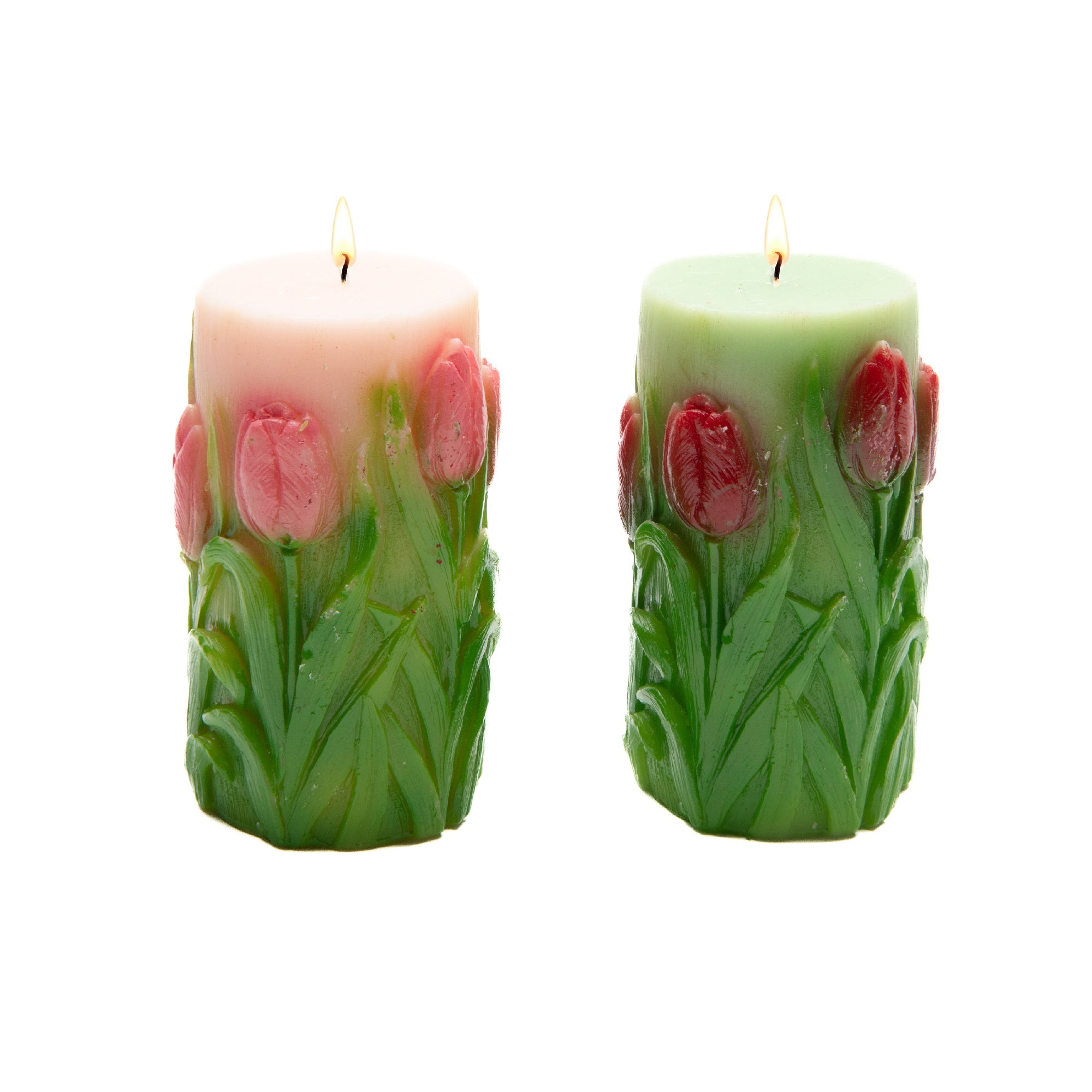 Assorted Medium Unscented Engraved Tulips Pillar Candles - Set of 2