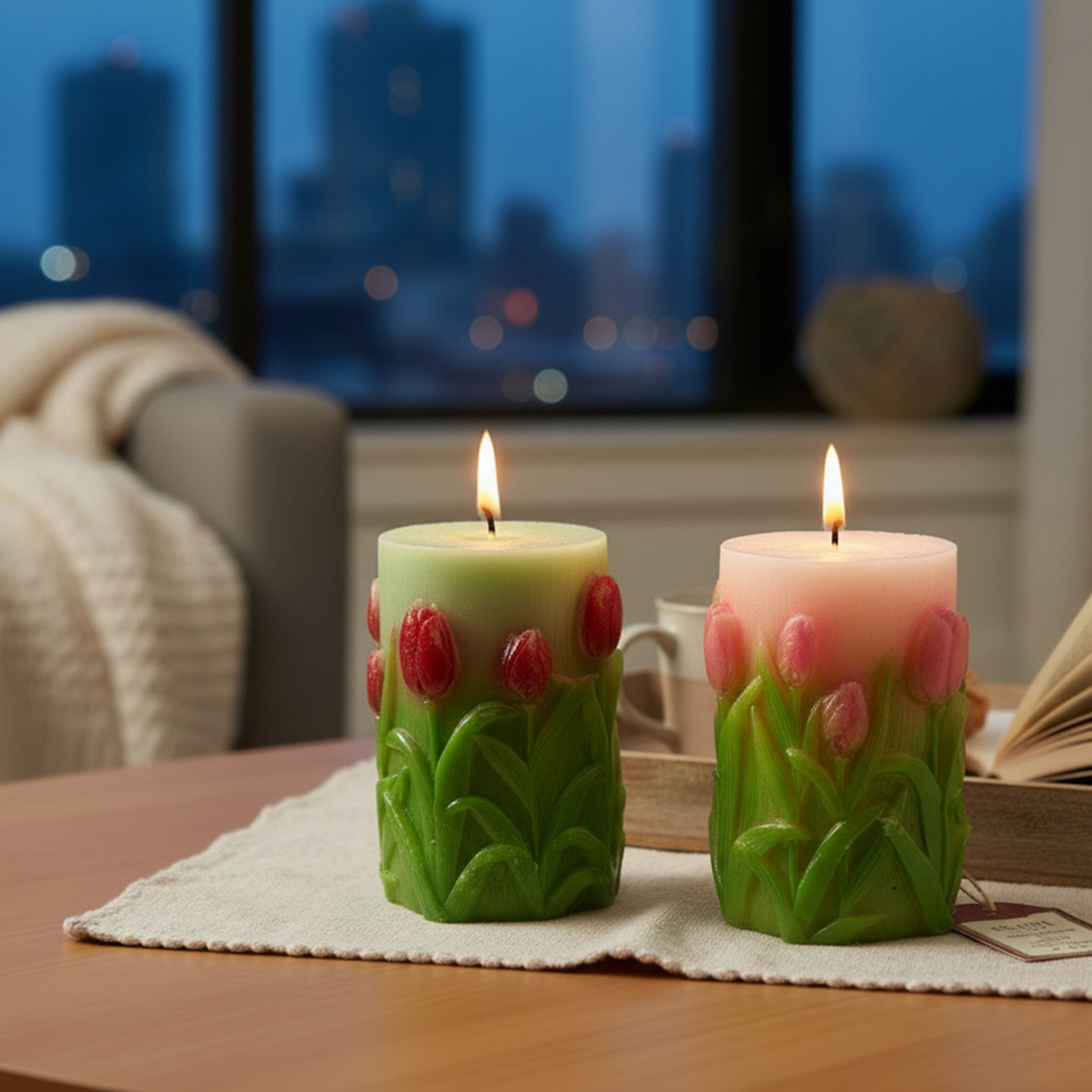 Assorted Small Unscented Engraved Tulips Pillar Candles - Set of 2