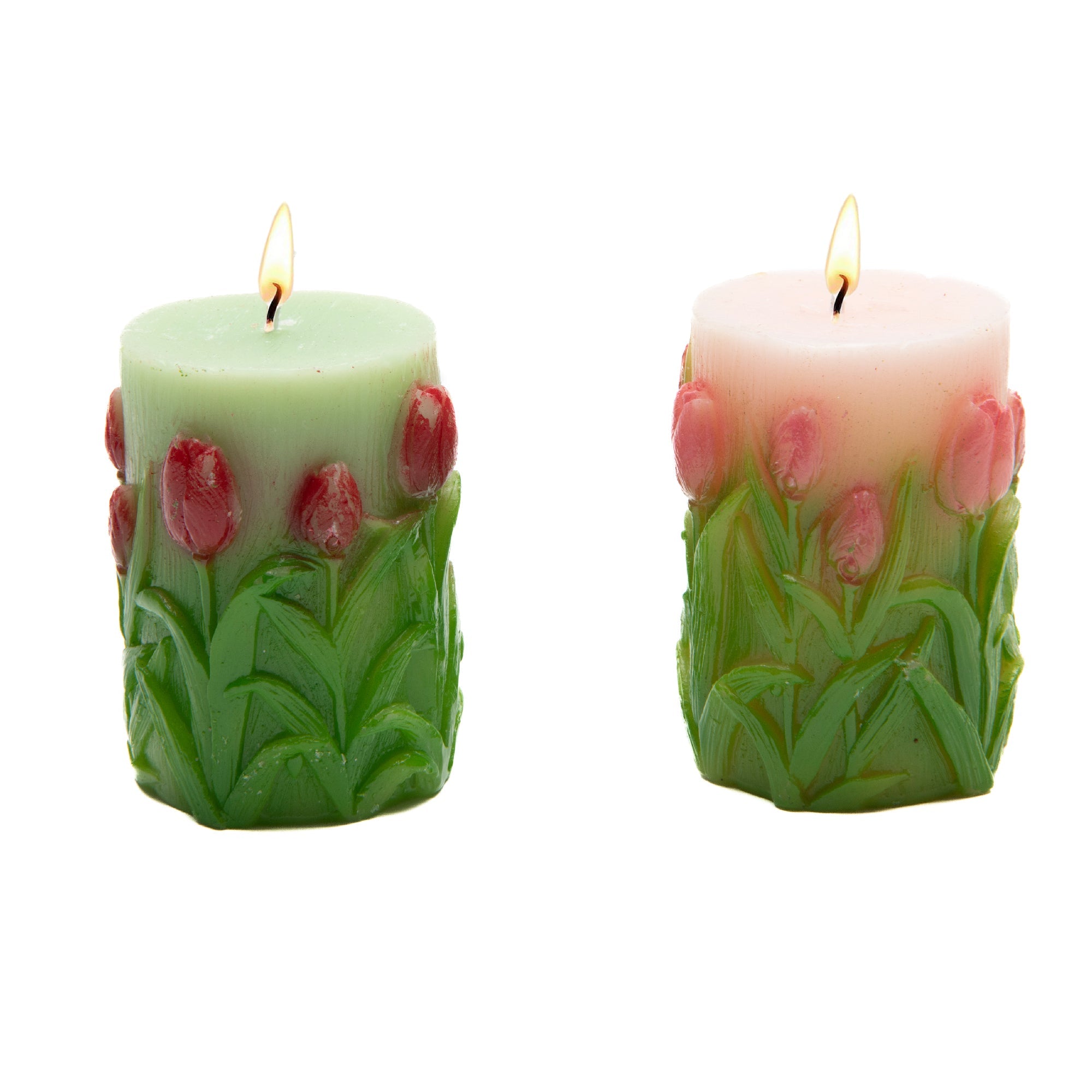 Assorted Small Unscented Engraved Tulips Pillar Candles - Set of 2