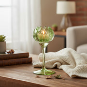 8-Inch Green Glass Candle Holder Shaped Like Tulip Bloom