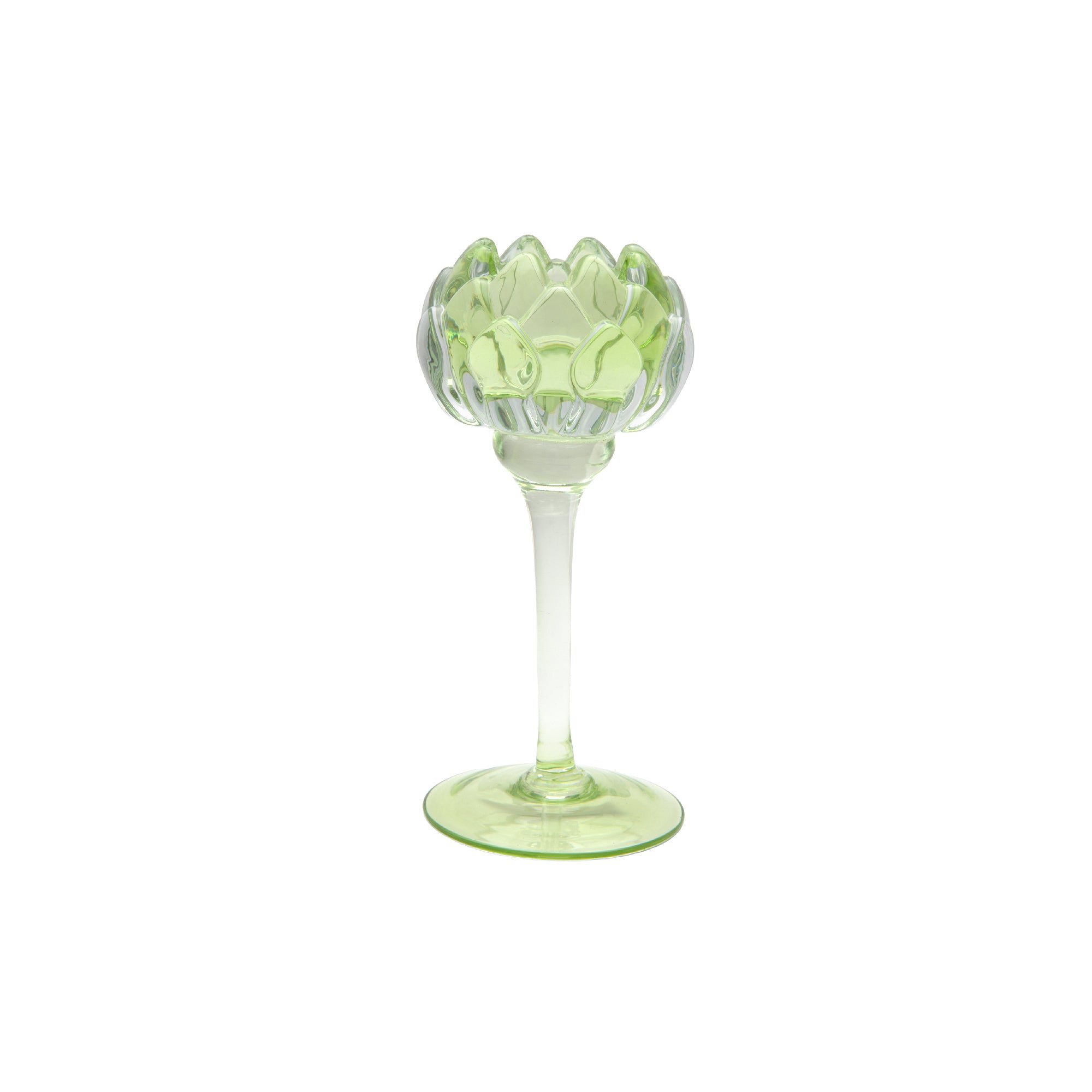 8-Inch Green Glass Candle Holder Shaped Like Tulip Bloom
