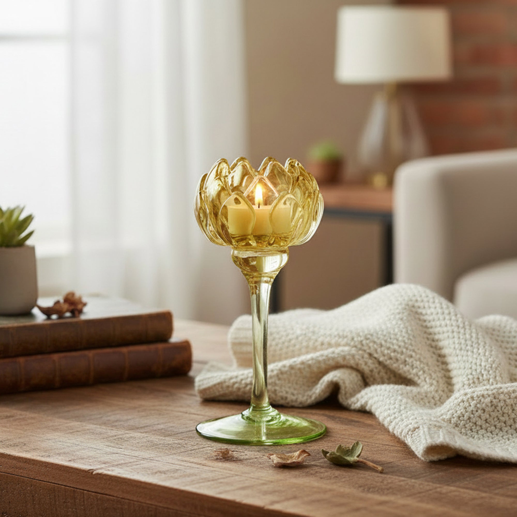 8-Inch Yellow Glass Candle Holder Shaped Like Tulip Bloom