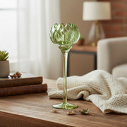 10-Inch Green Glass Tulip Bloom Candle Holder