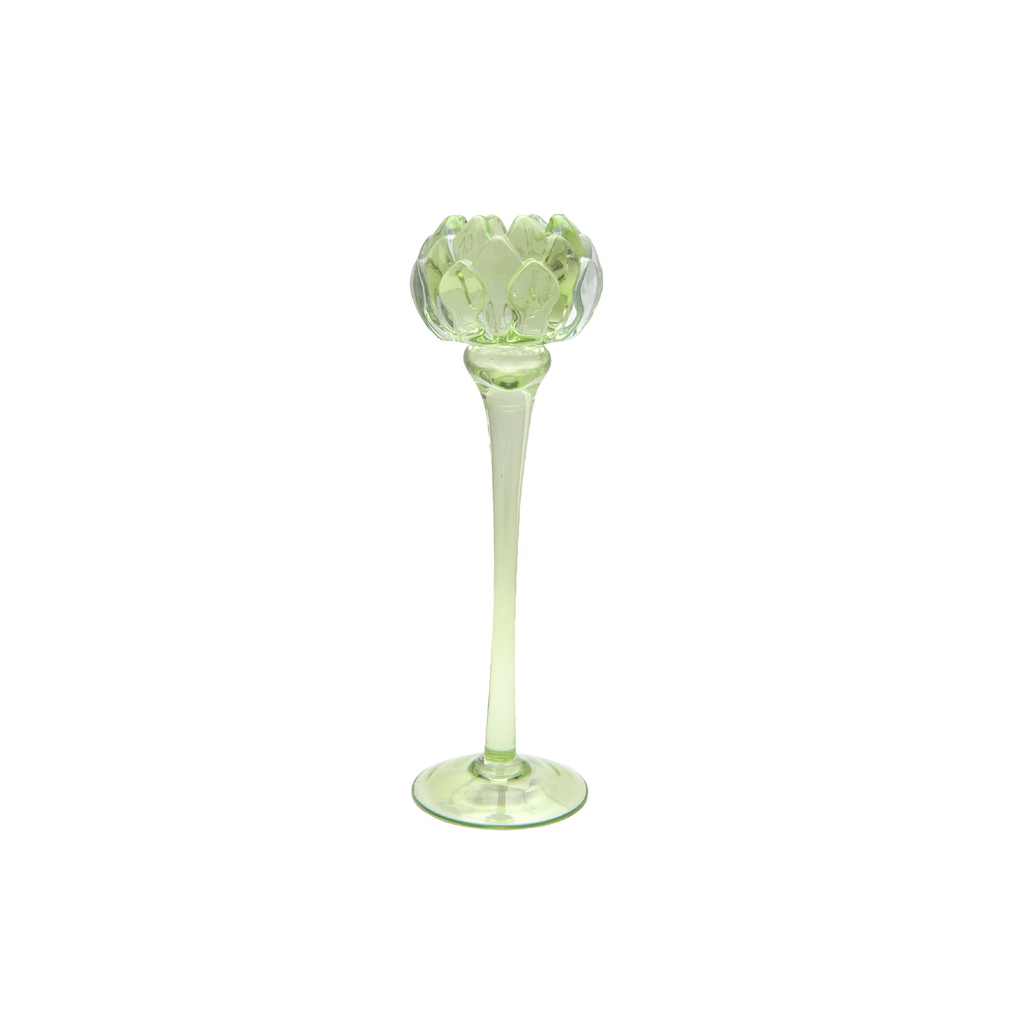 10-Inch Green Glass Tulip Bloom Candle Holder
