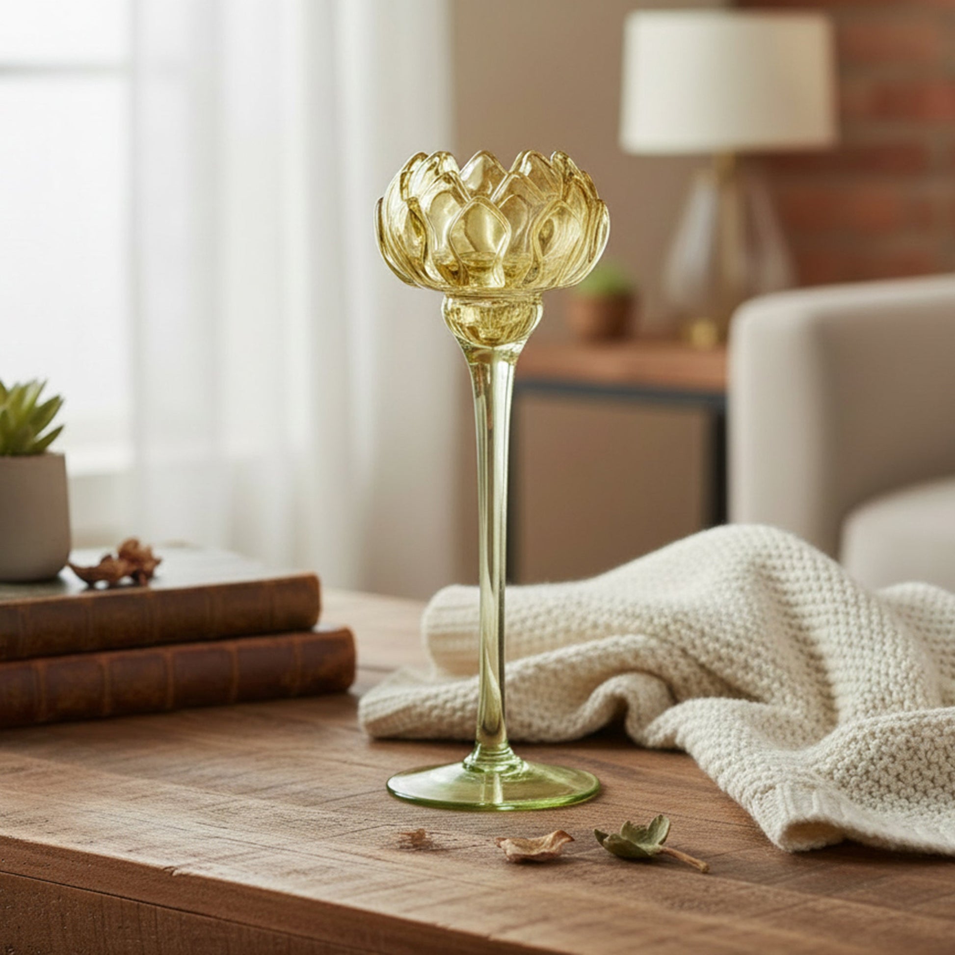 10-Inch Yellow Glass Tulip Bloom Candle Holder