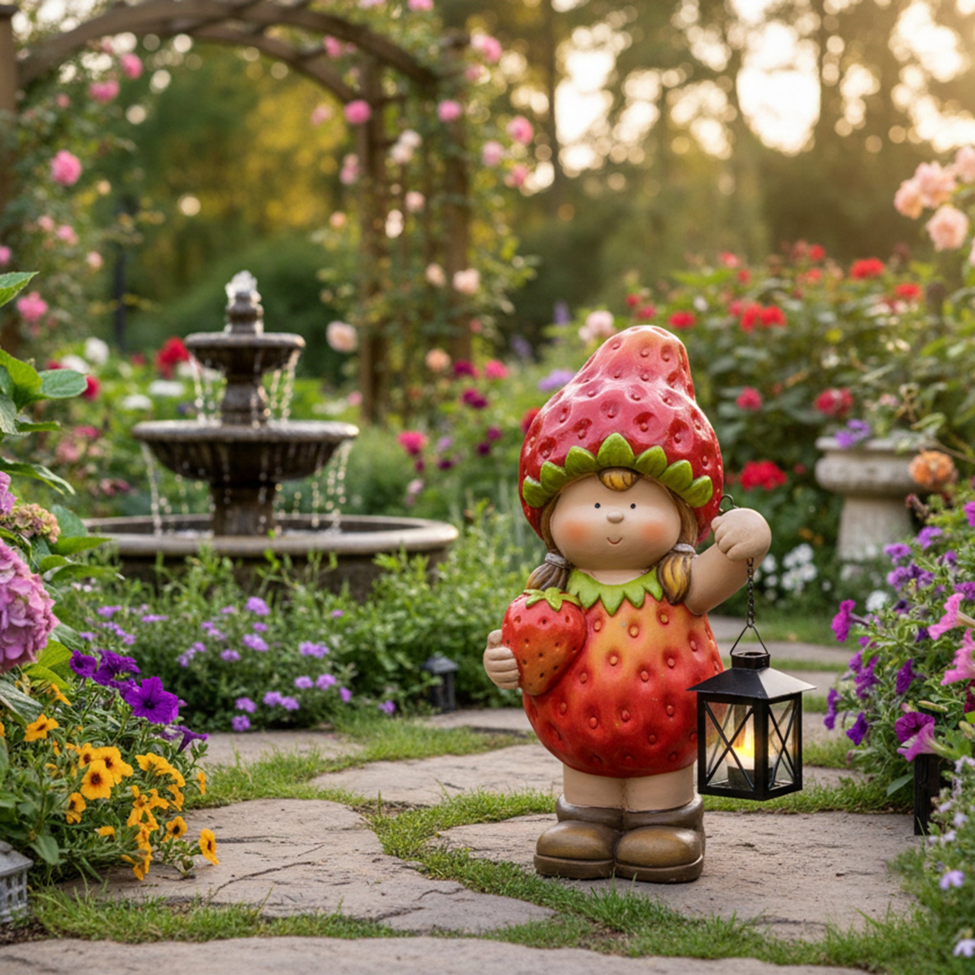 Solar-Powered Magnesia Figurine: Strawberry Girl Holding Lantern