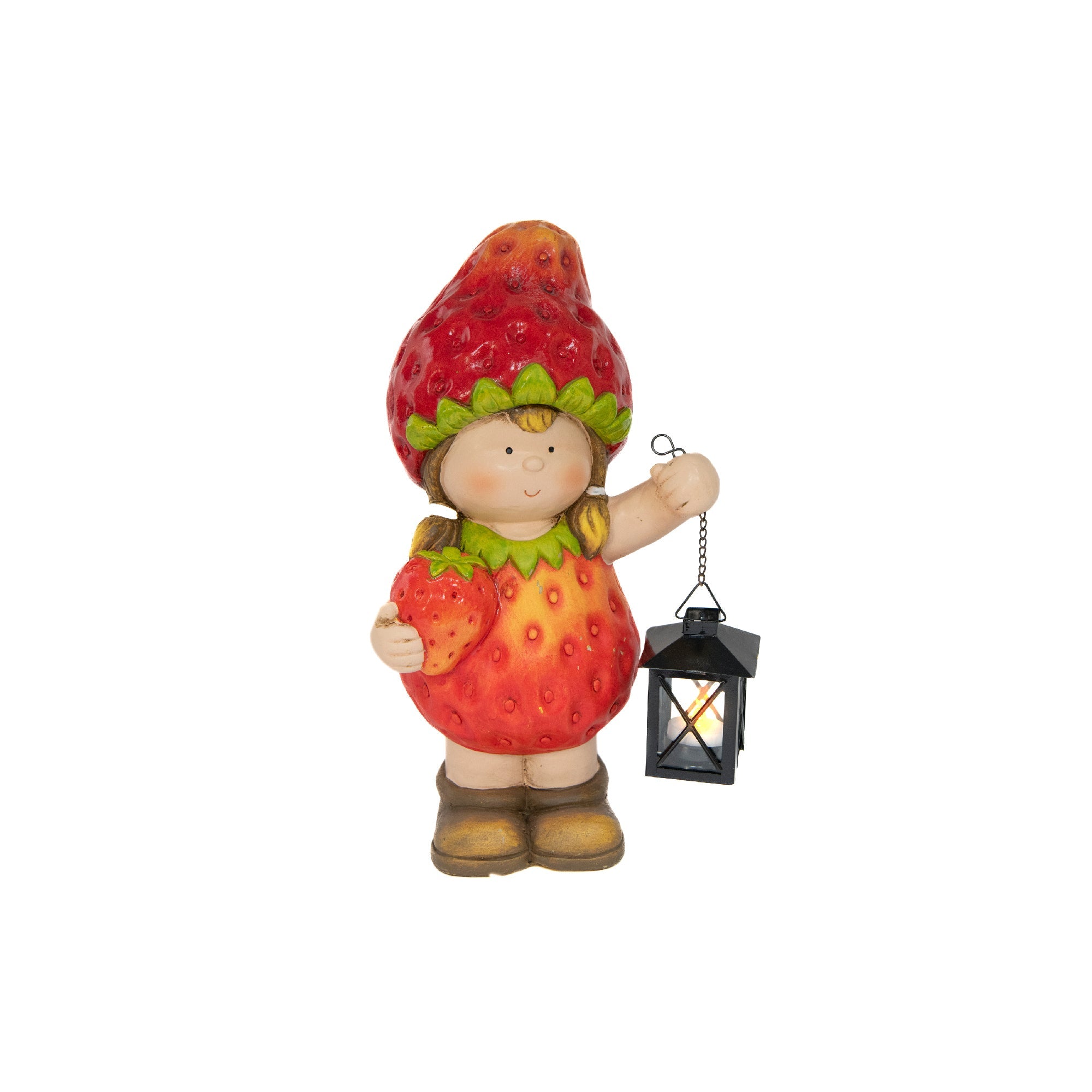 Solar-Powered Magnesia Figurine: Strawberry Girl Holding Lantern