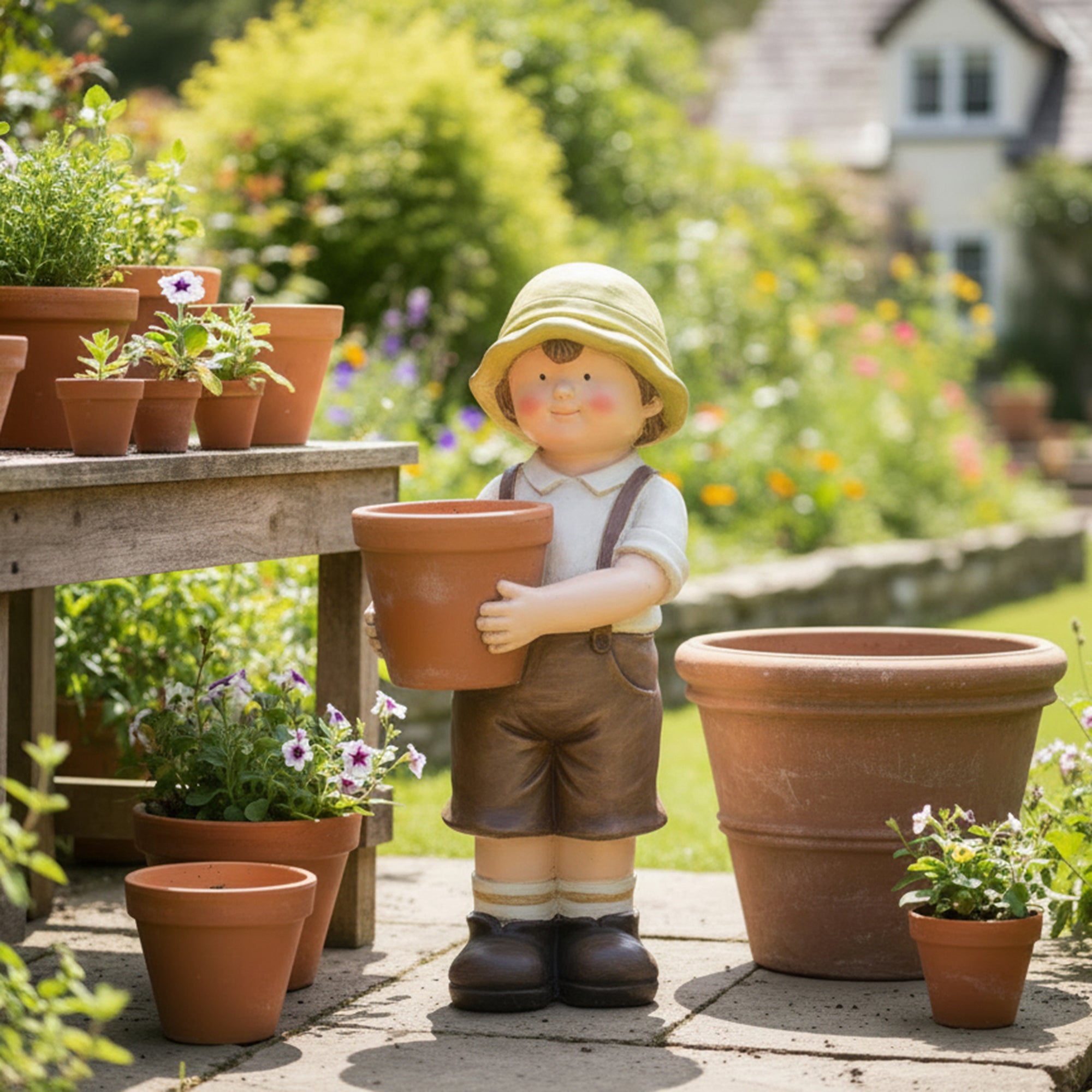 Magnesia Garden Boy Figurine Holding Planter