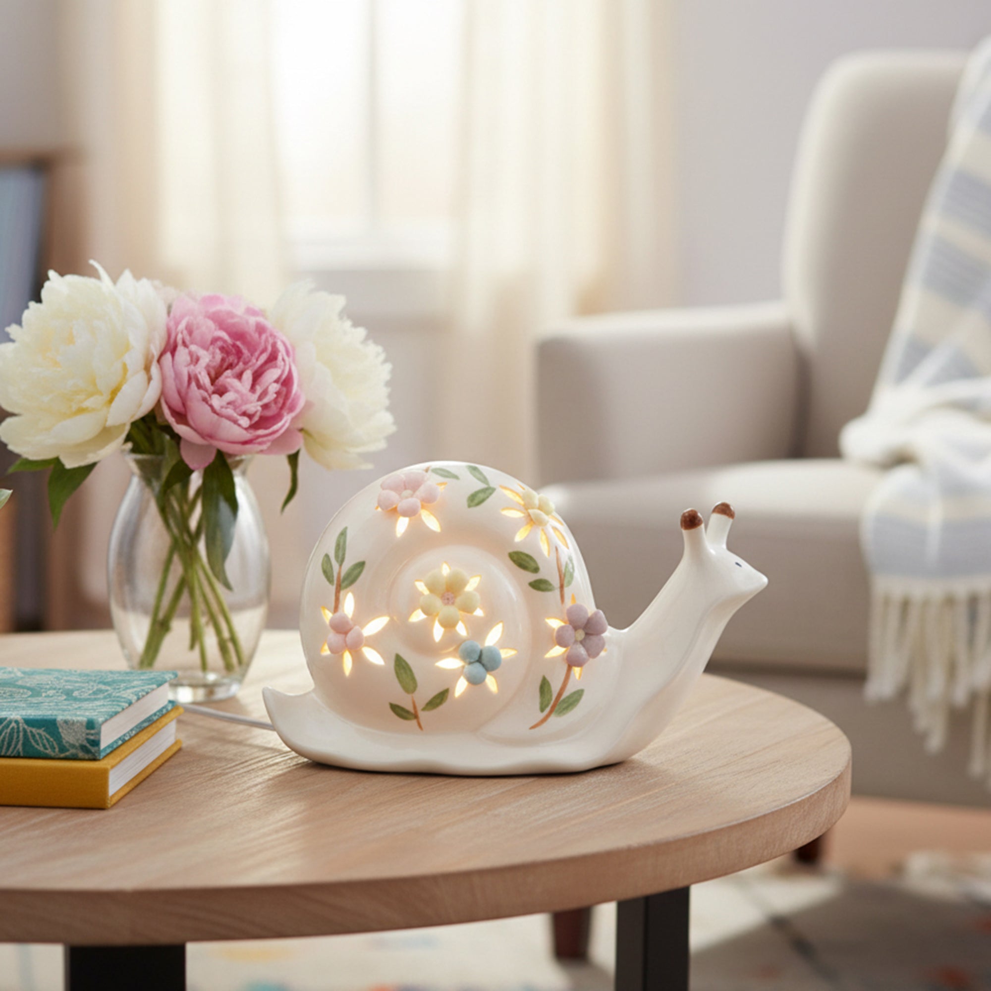 LED Porcelain Snail Figurine with Floral Decoration