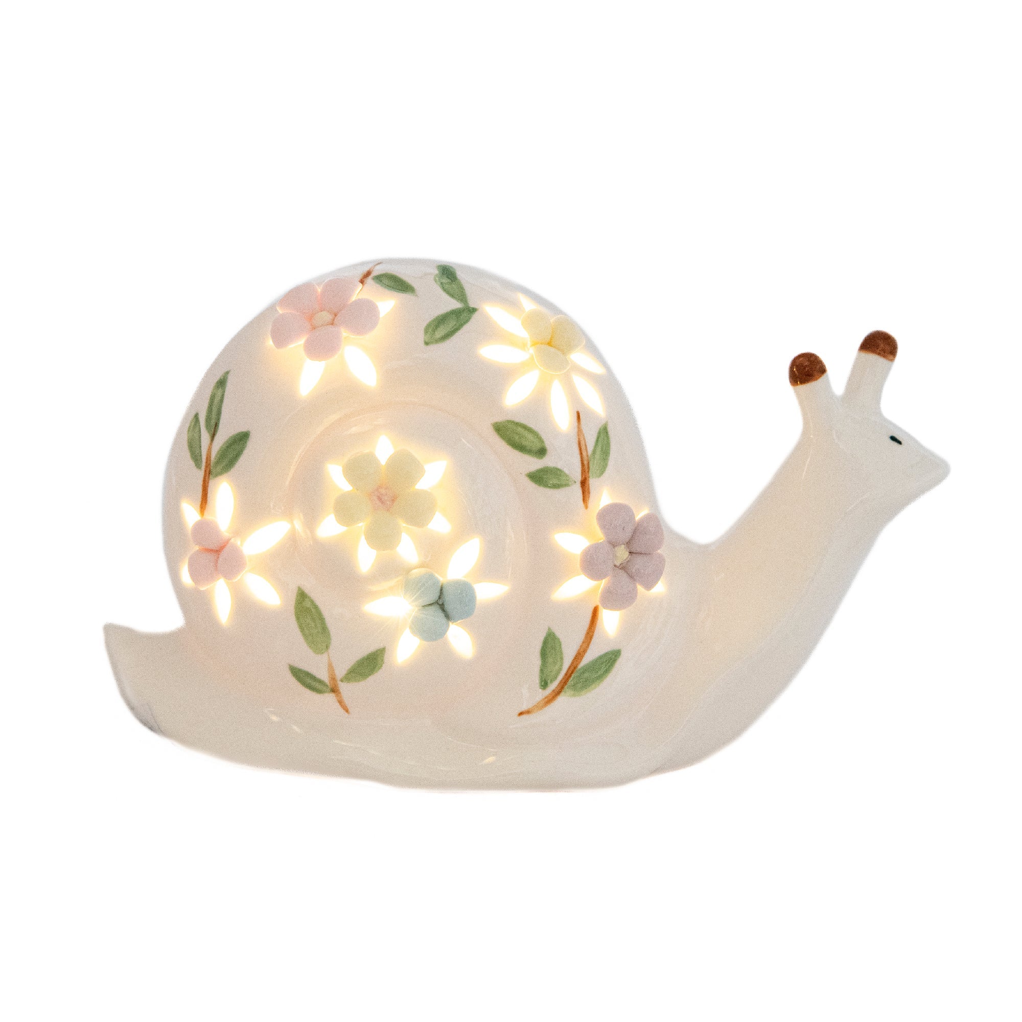 LED Porcelain Snail Figurine with Floral Decoration