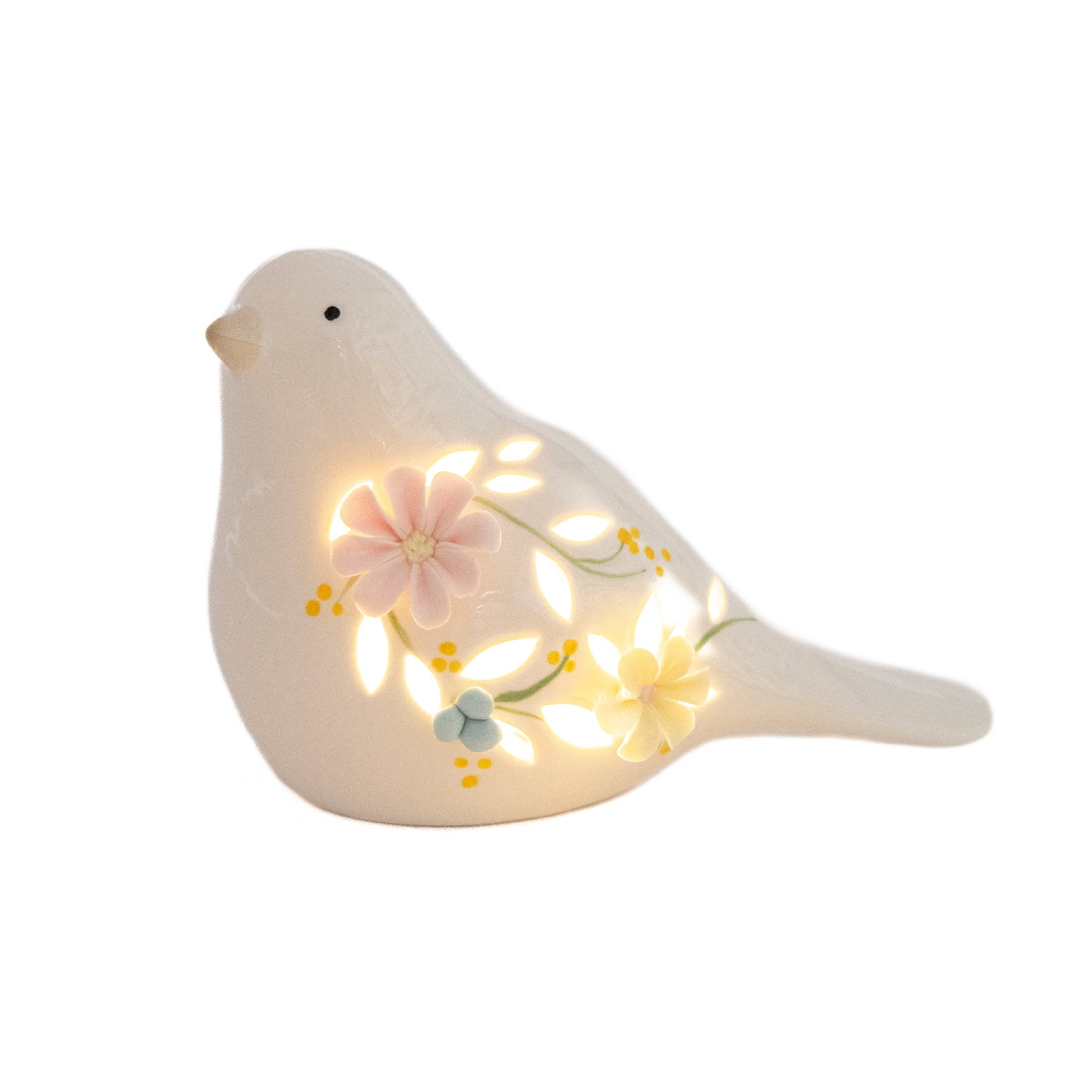 LED Porcelain Bird Figurine with Floral Design