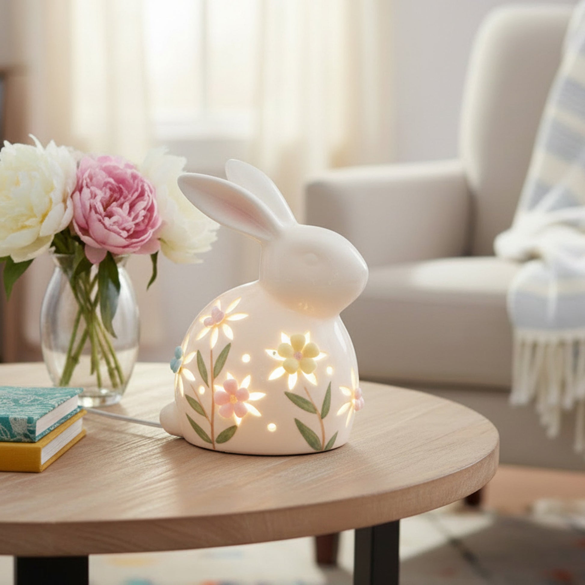 LED Porcelain Bunny Figurine with Floral Accents
