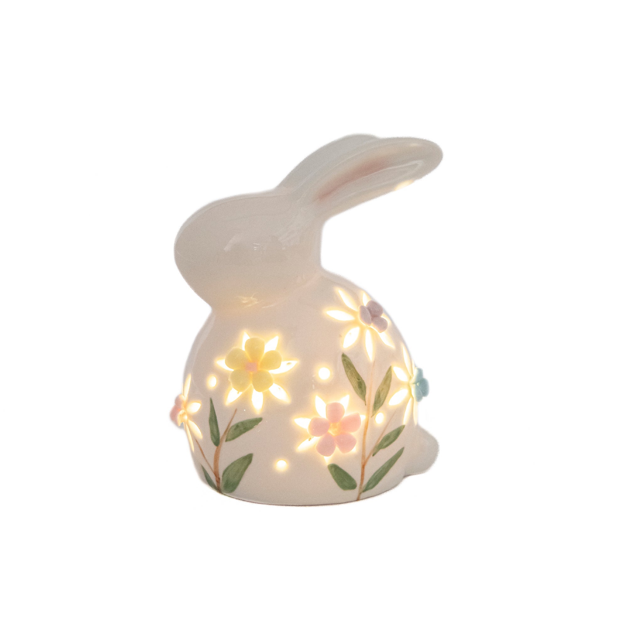 LED Porcelain Bunny Figurine with Floral Accents