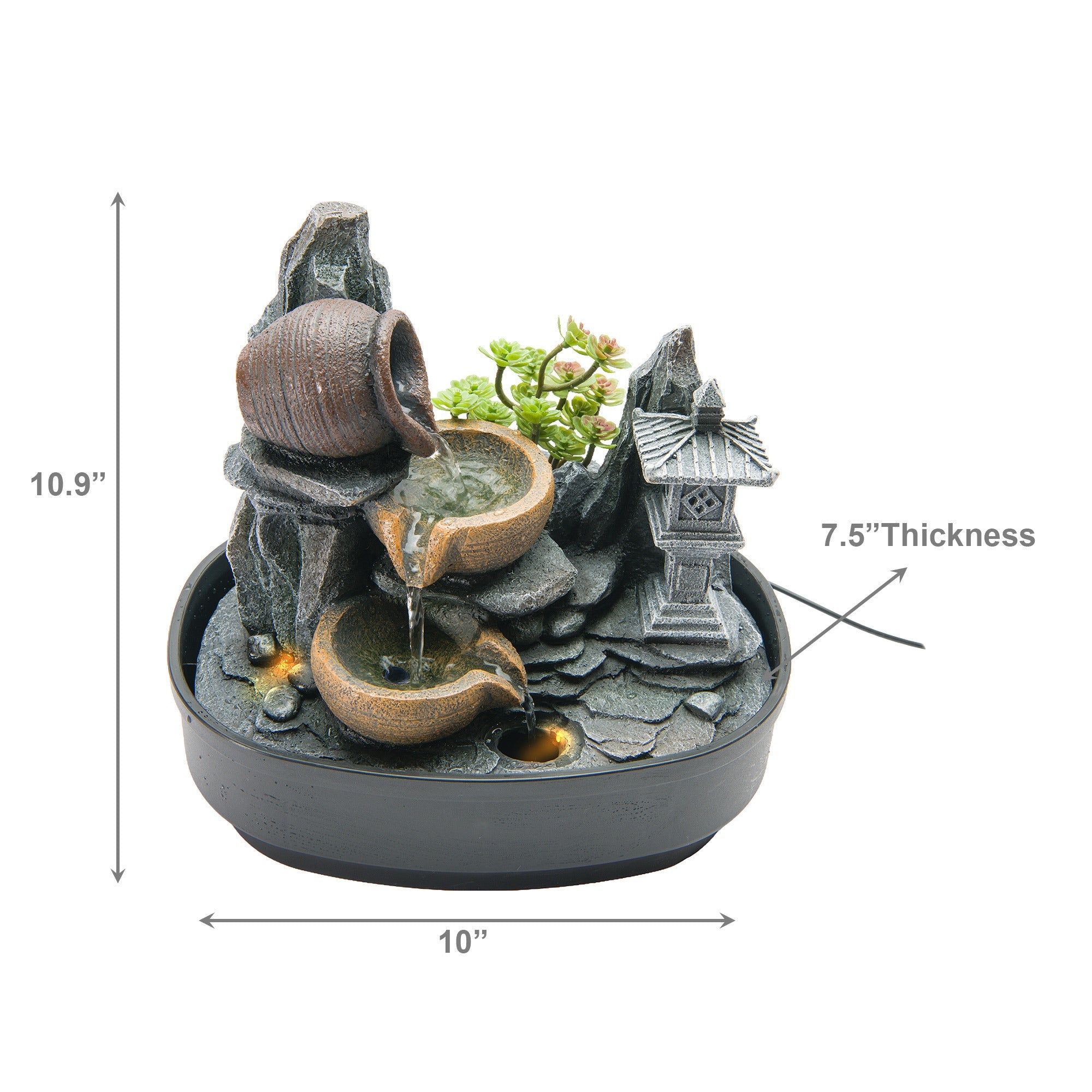 Polyresin Water Fountain Decor Featuring Vases and Pagoda