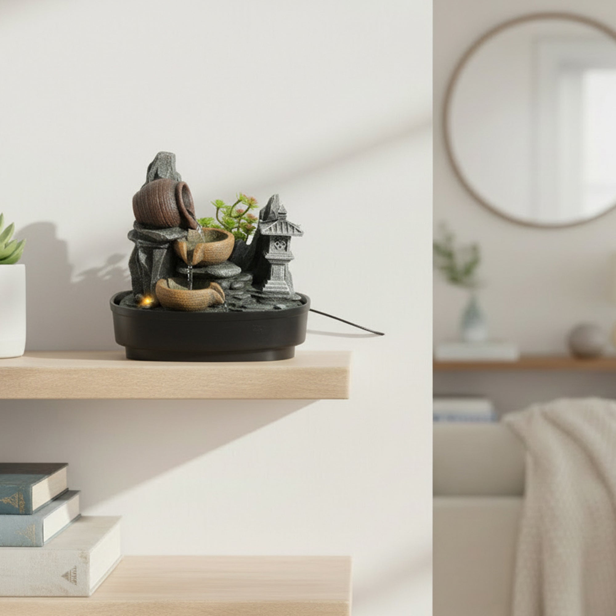 Polyresin Water Fountain Decor Featuring Vases and Pagoda
