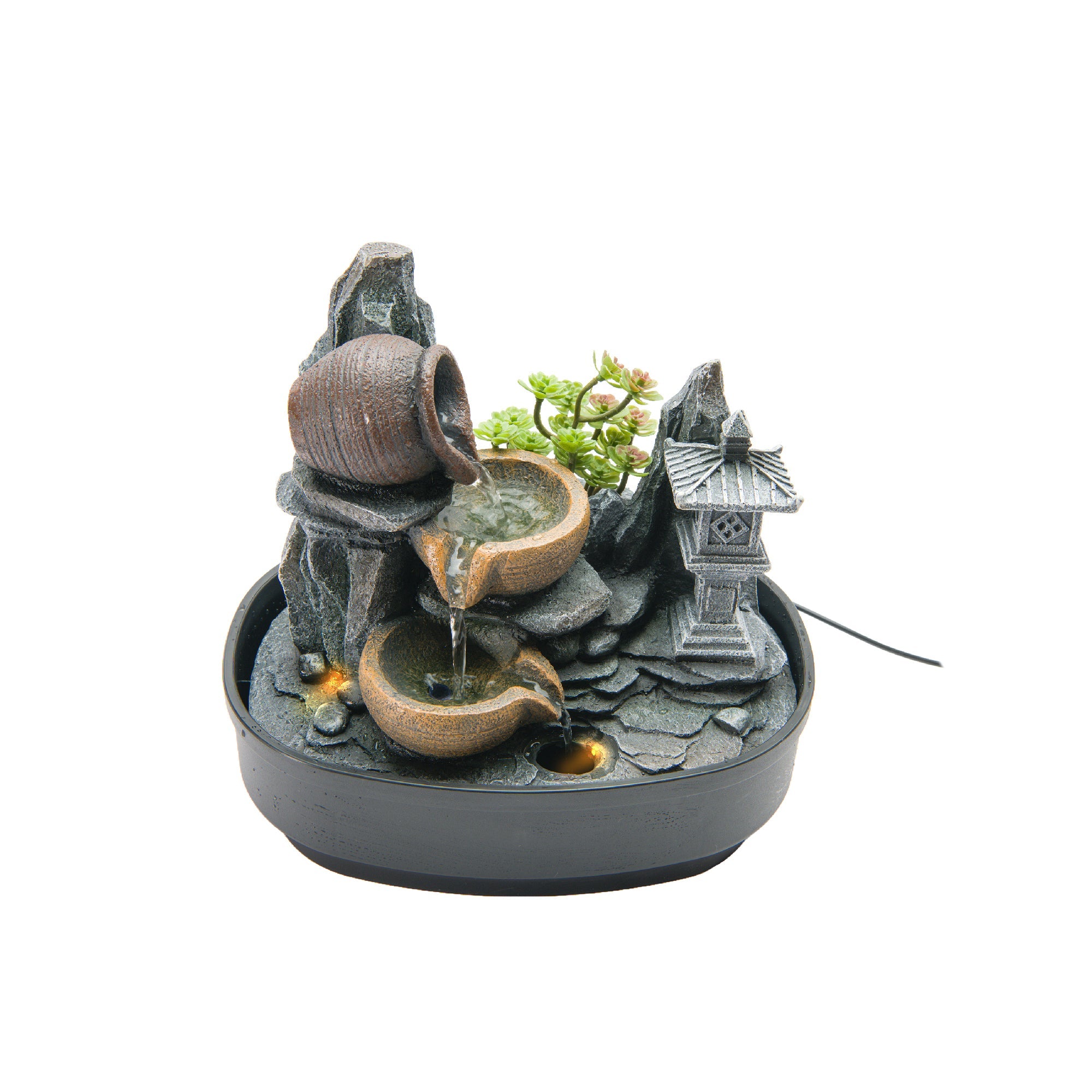 Polyresin Water Fountain Decor Featuring Vases and Pagoda