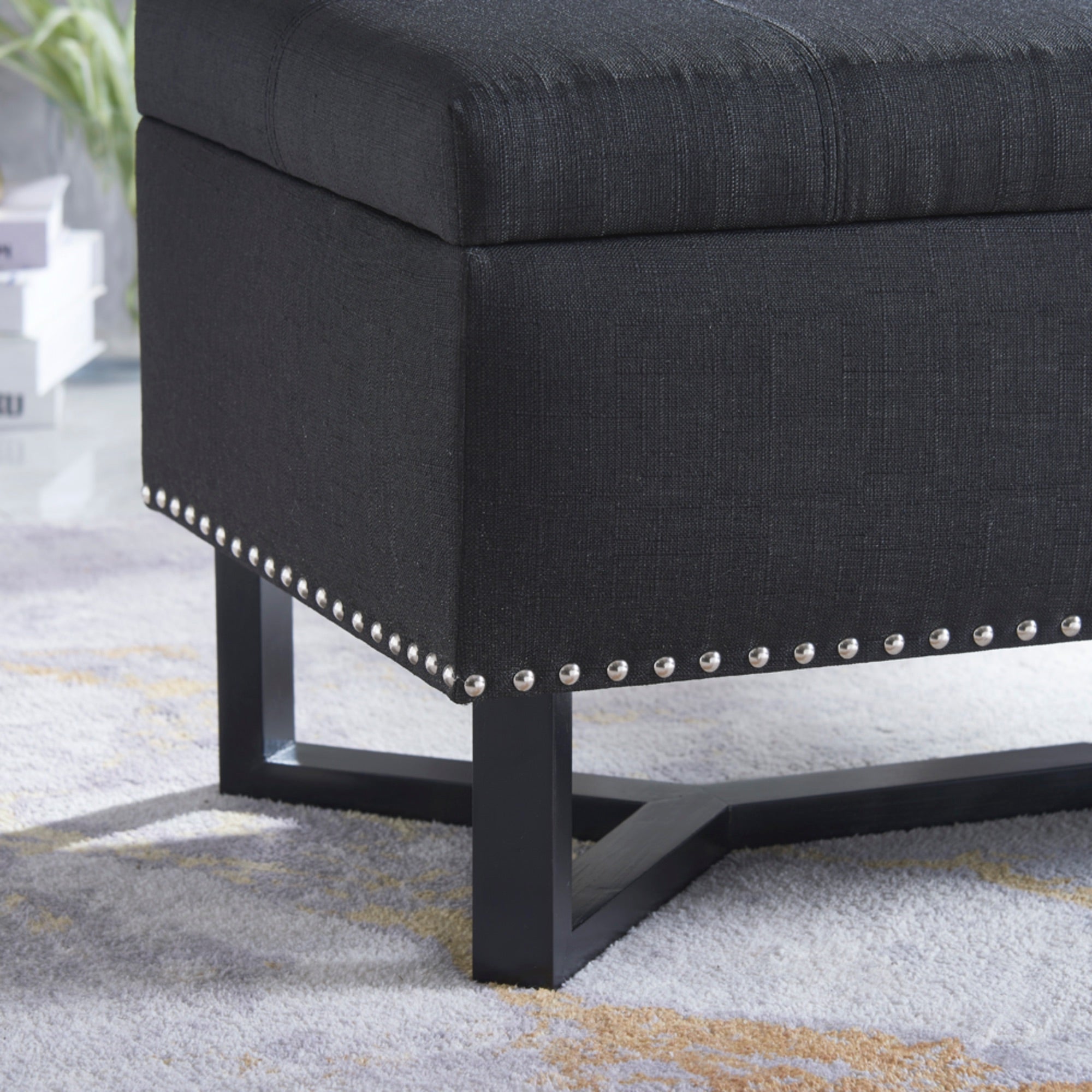 Emerson Fabric Studded Double Ottoman – Black, Luxury Accent Furniture