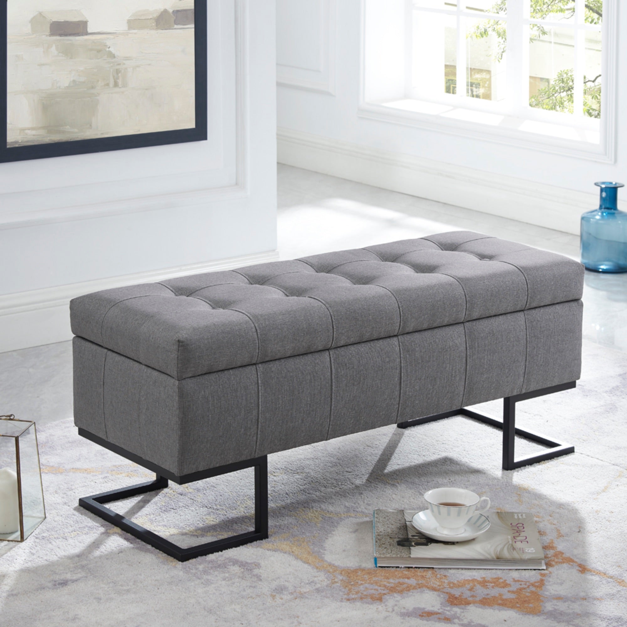 Imperial Tufted Double Ottoman – Gray with Black Base, Luxurious Seating