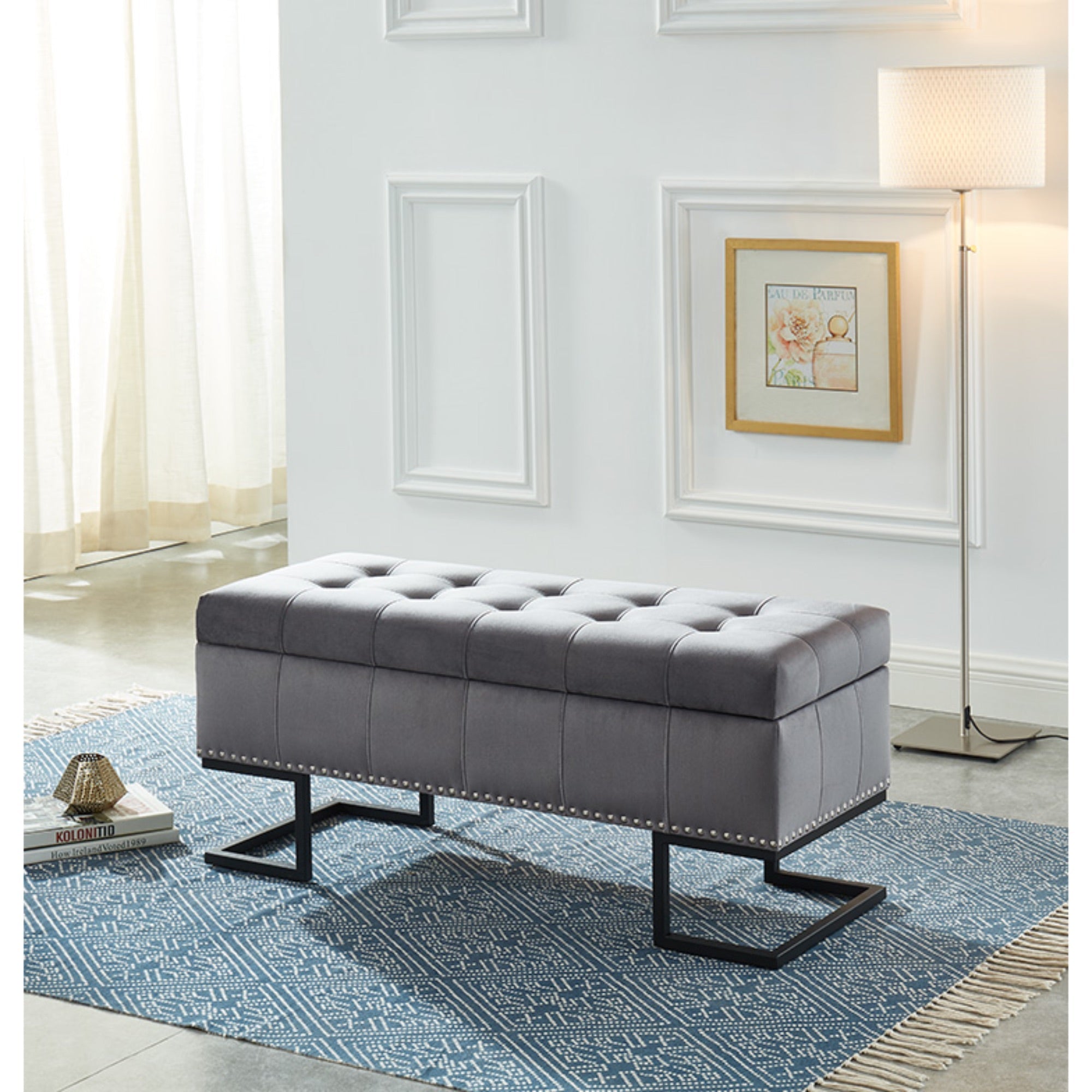 Imperial Tufted Double Ottoman – Gray with Black Base, Luxurious Seating