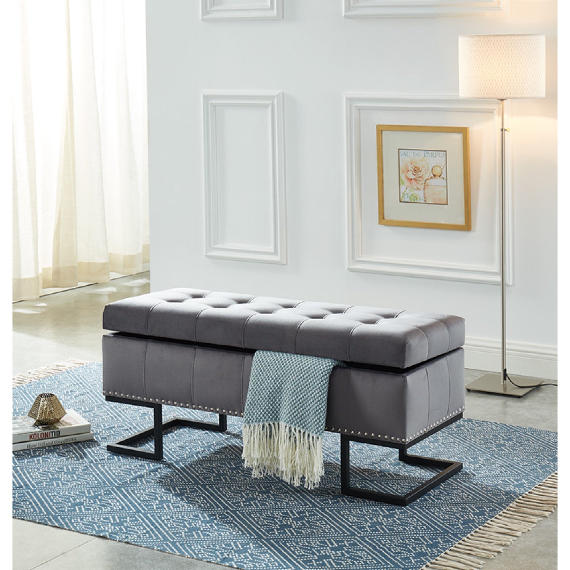 Imperial Tufted Double Ottoman – Gray with Black Base, Luxurious Seating